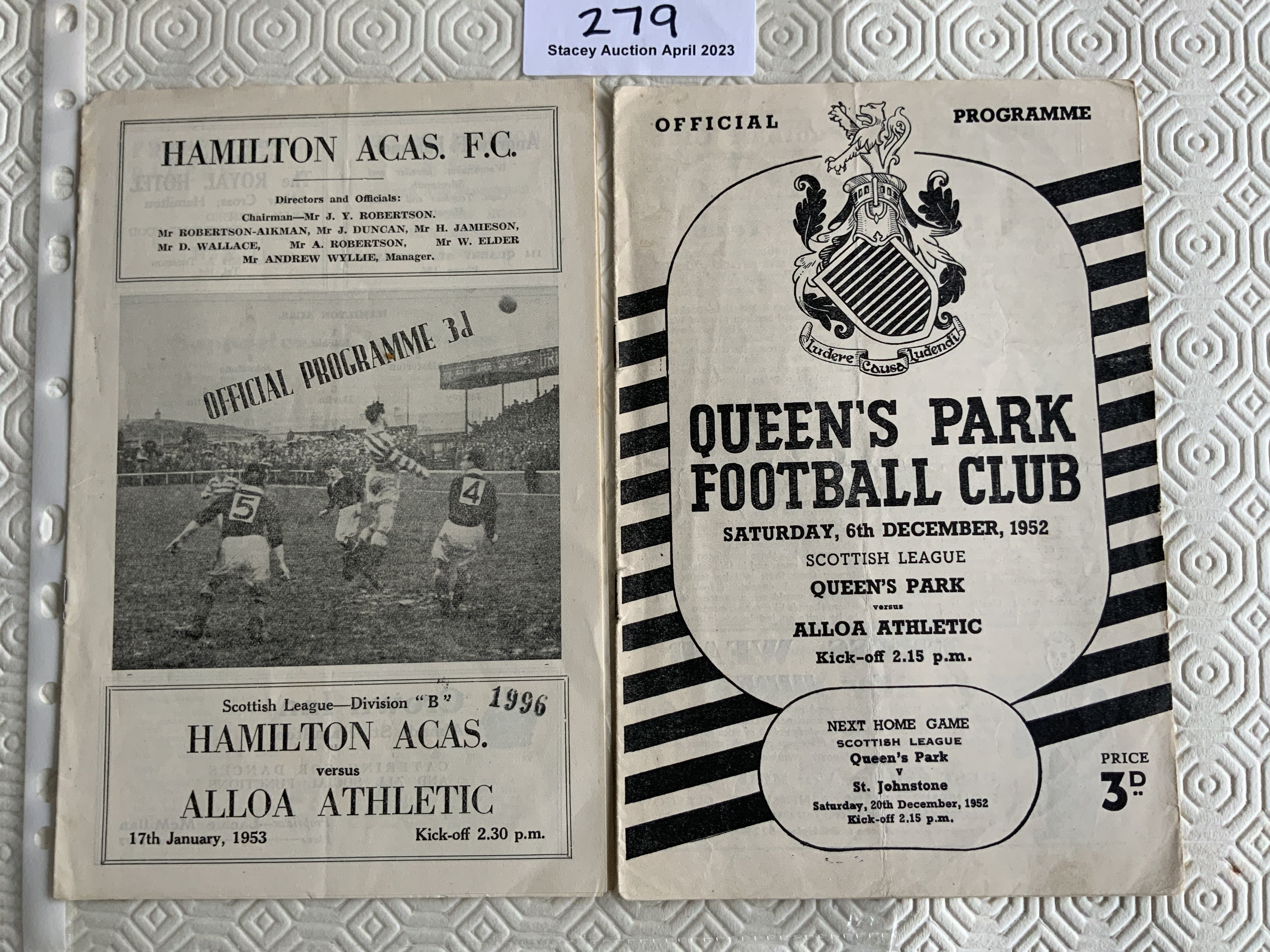 52/53 Alloa Athletic Away Football Programmes: League matches at Hamilton and Queens Park. Good. (2)