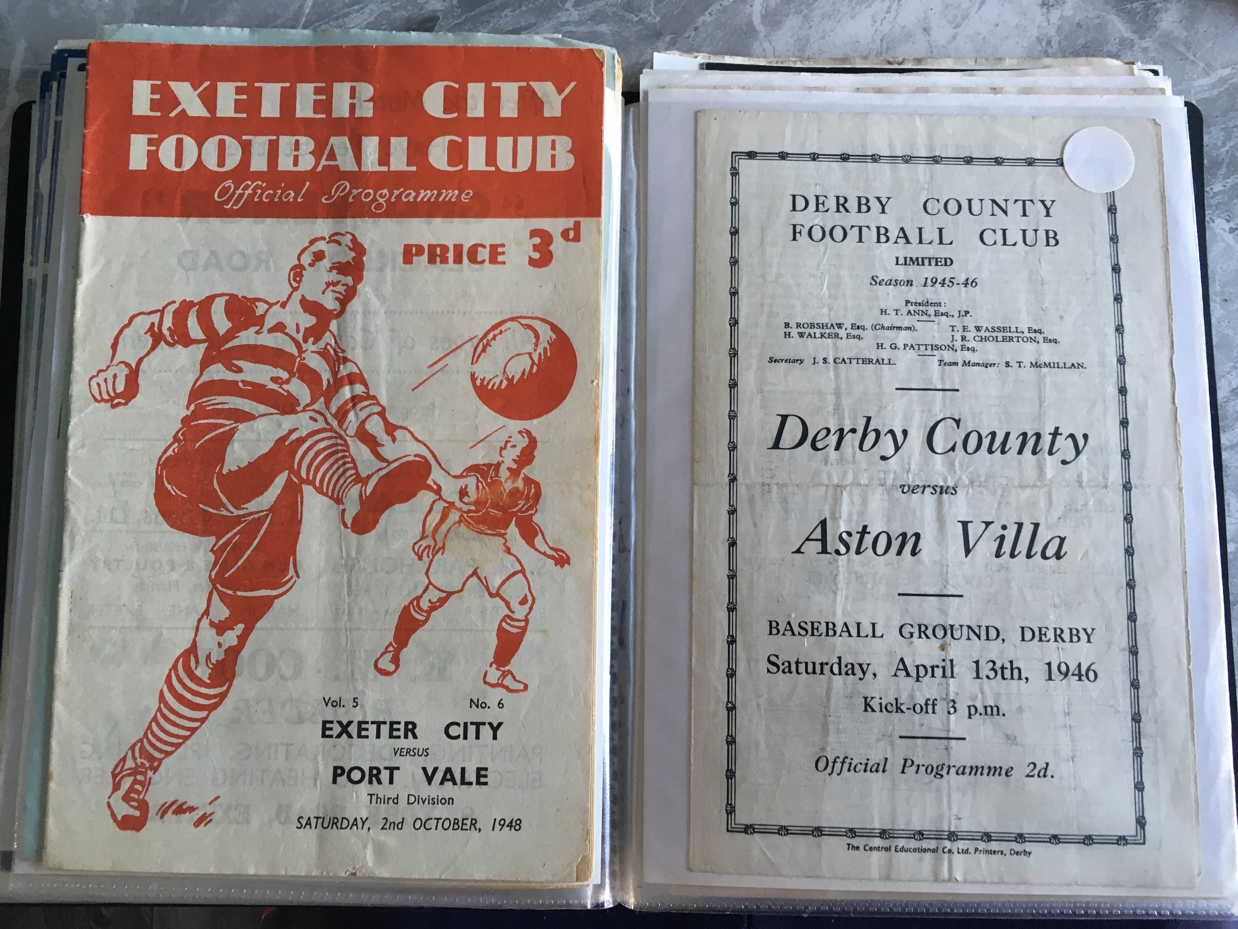1950s Football Programmes: Variety of clubs to include a fair 48/49 Exeter v Port Vale, Hull v Oldham and 45/46 Derby v Aston Villa. Often late 50s but includes 50/51 Barnsley v Blackburn, 50/51 Colchester v Bournemouth. Good Ipswich and Bolton content. Couple of early 60s in this lot which has instructions to sell. Fair/good. (48)