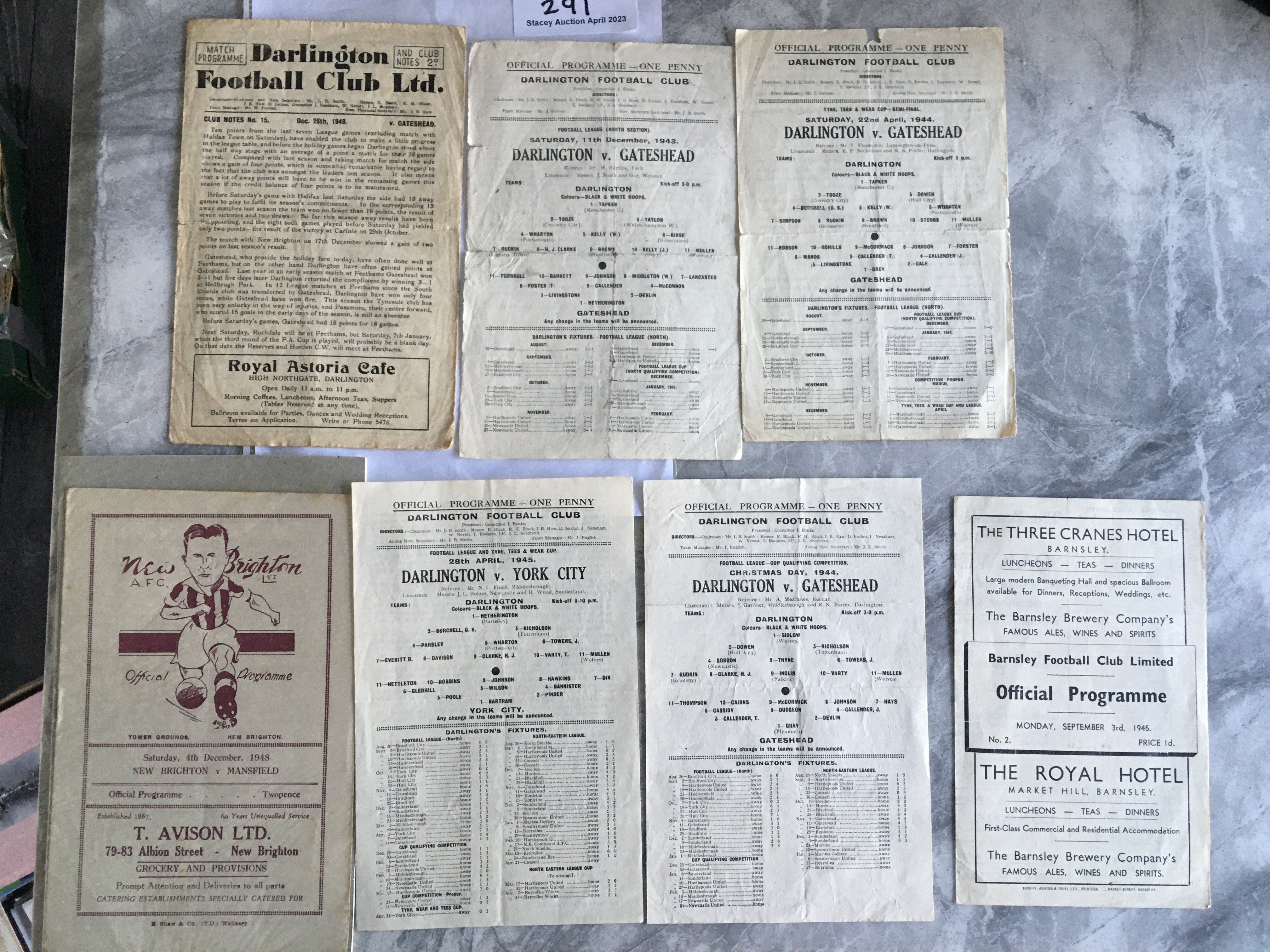 1940s Darlington Home Football Programmes: 43/44 Gateshead league and Tyne + Wear semi final both folded with small tears, 44/45 and 49/50, 44/45 York Tyne + Wear cup. C/W 45/46 Barnsley v Tom Robinson Select X1 and 48/49 New Brighton v Mansfield. Good unless stated. (7)