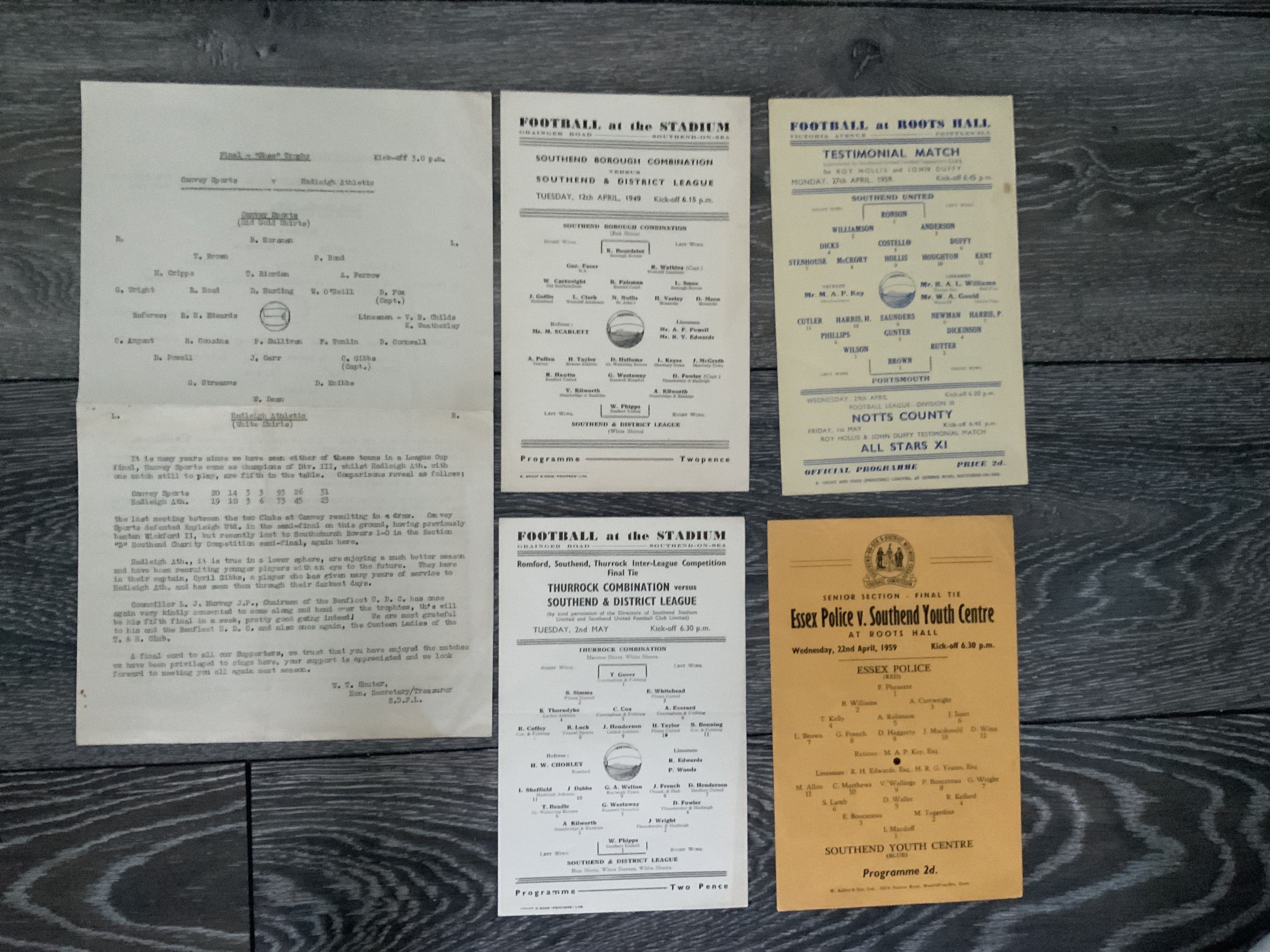 Local Match Programmes Played At Southend United: All single sheets without writing to include 48/49 Southend Borough v Southend District League. From possibly the same season Thurrock V Southend League Final, 58/59 Essex Police v Southend Youth Centre, Hollis/Duffy Test plus 61/62 two local finals on one sheet. Very good. (5)