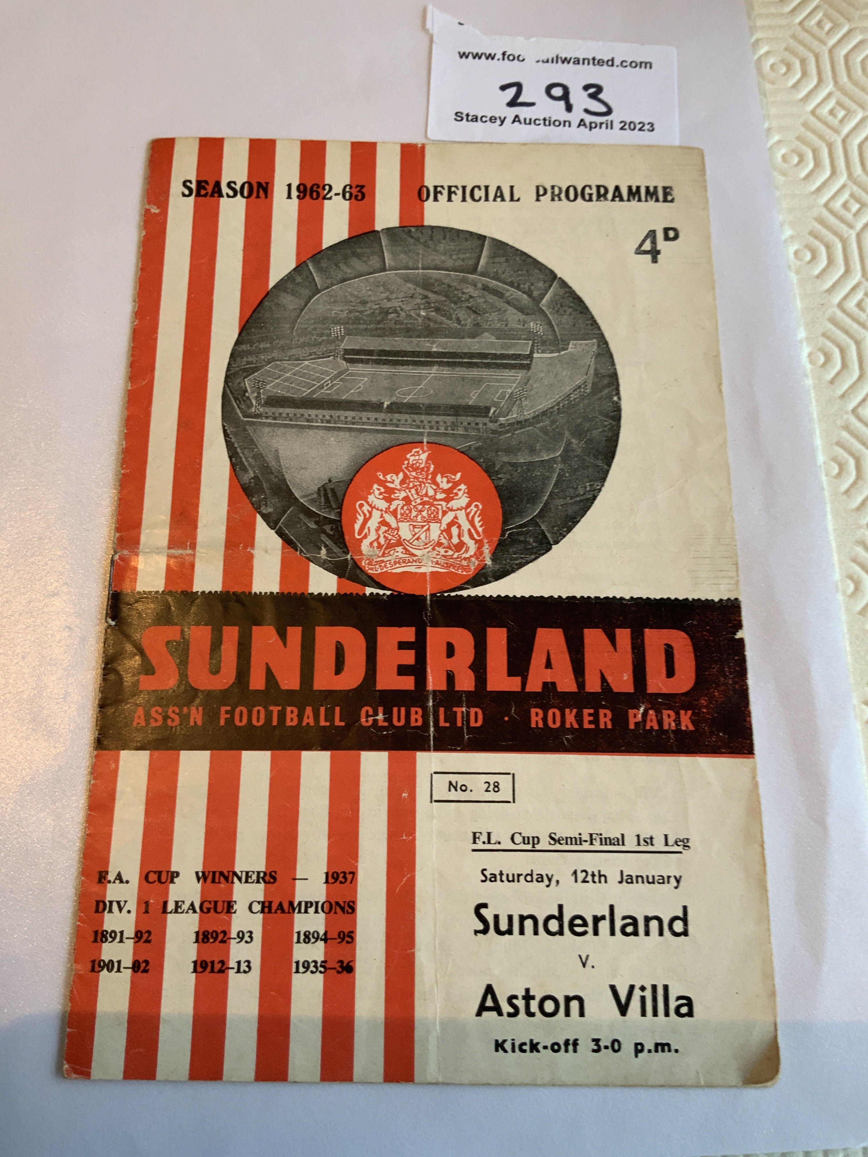 1963 League Cup Semi Final Football Programme: Sunderland v Aston Villa at Roker Park. Tear on spine and folding. No team changes.