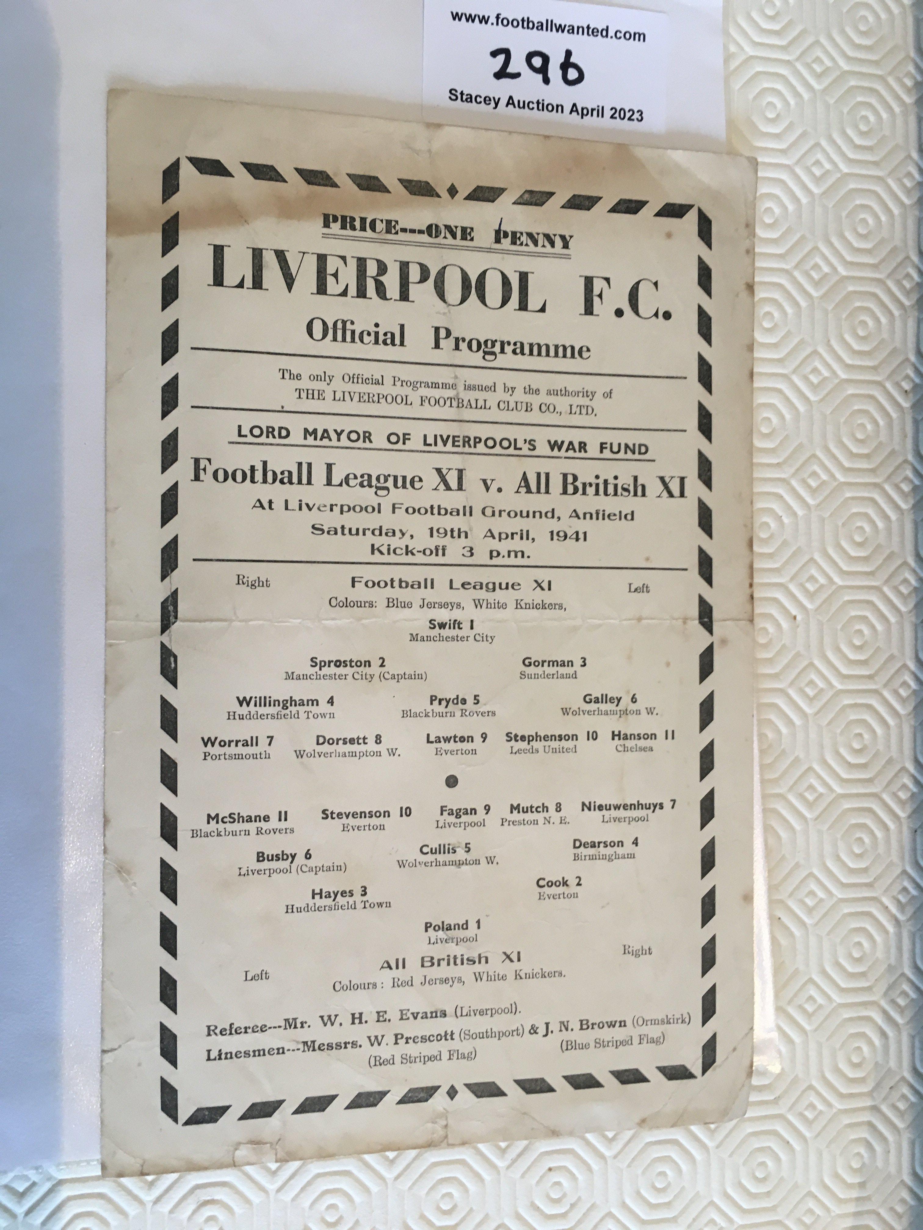 40/41 Football League v All British Football Programme: Single sheet in fair condition with no team changes. Played at Anfield Liverpool. Fold, mark and a couple of tiny tears to border. Lots of famous players including Busby Cullis Lawton and Swift.