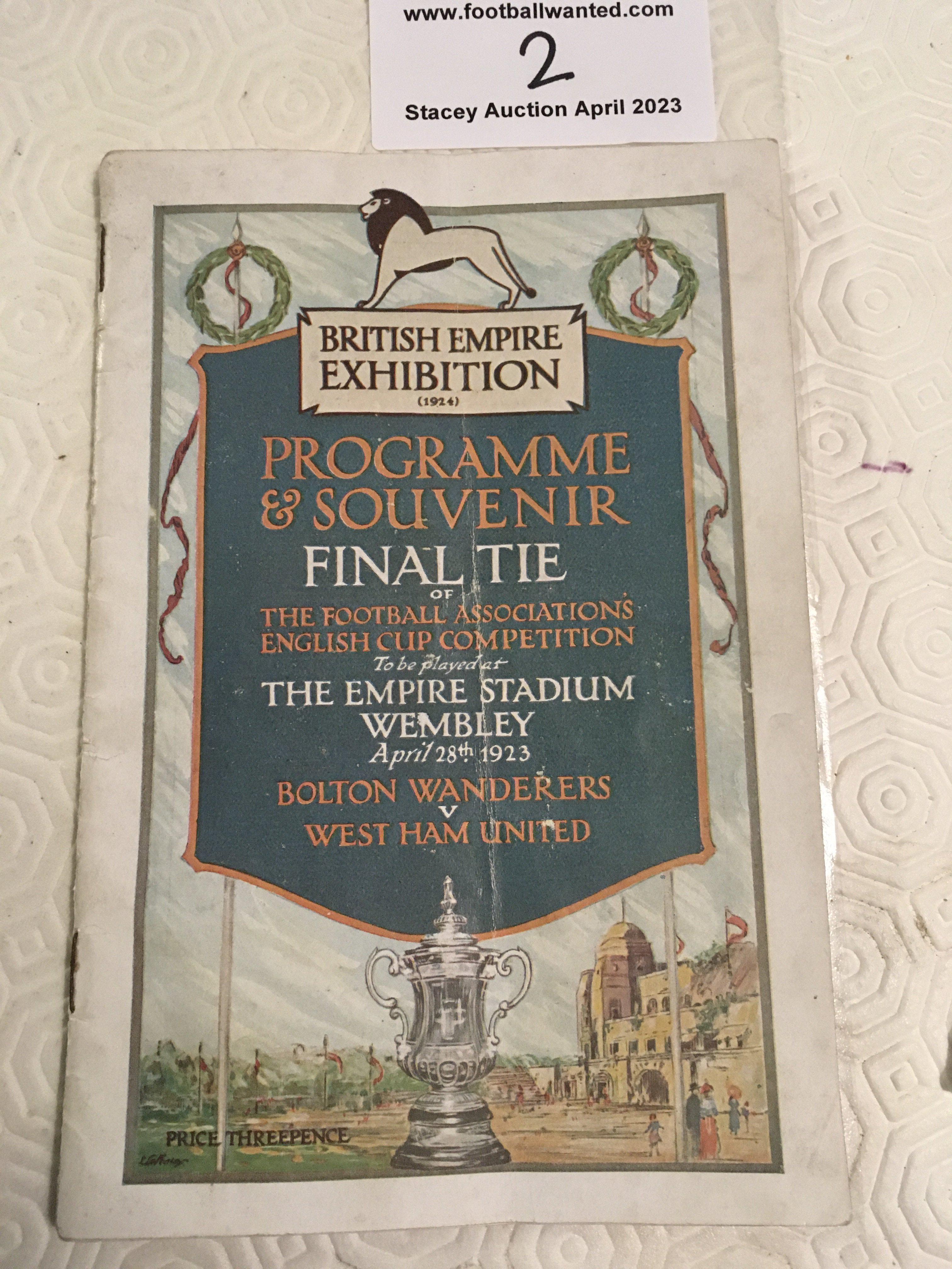 1923 FA Cup Final Football Programme: Bolton Wanderers v West Ham original programme in good condition with fold. Never repaired with original staples slightly rusting but holding firm. Tiny tear at top of spine. No team changes.