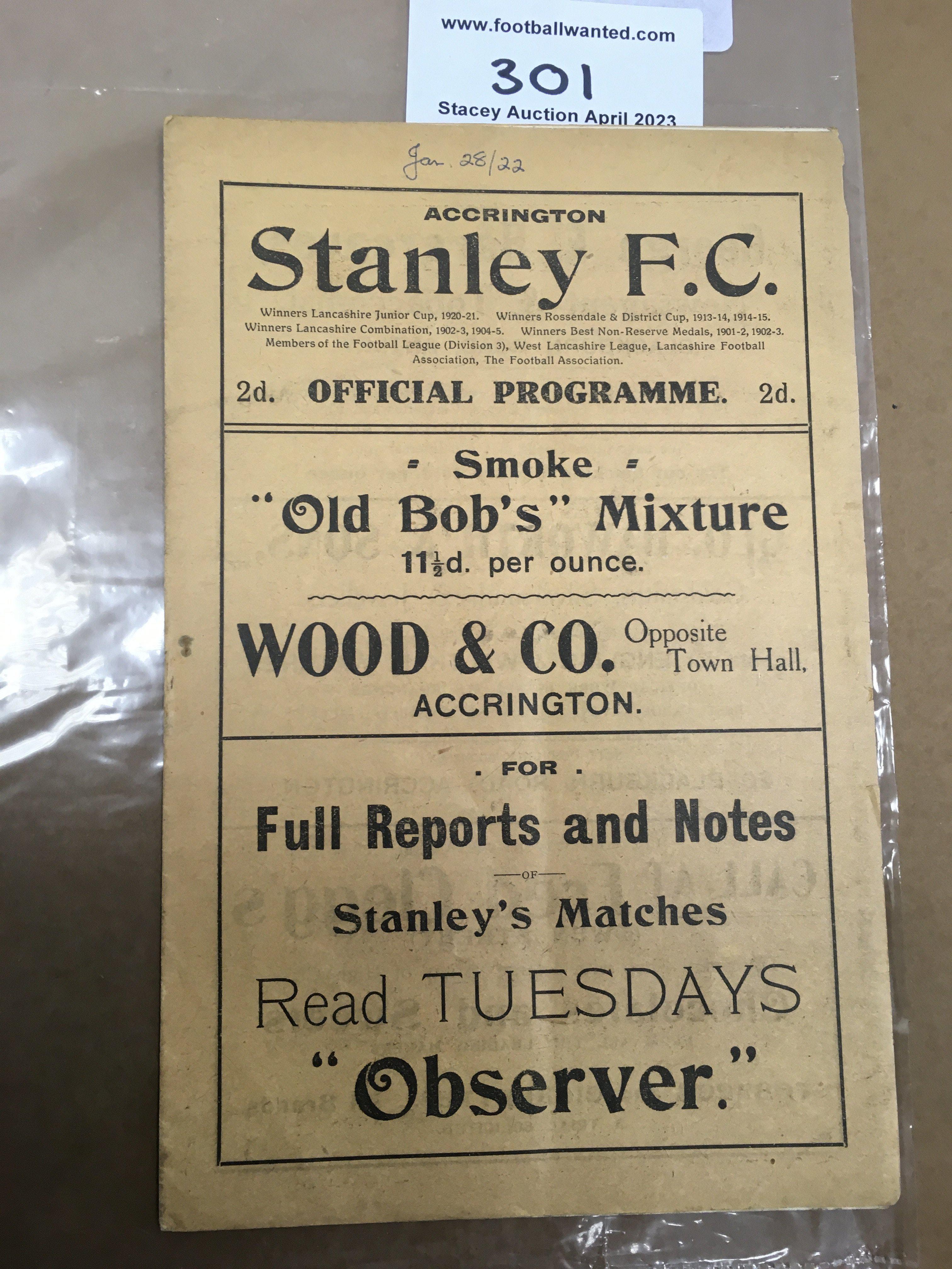 1921 - 1922 Accrington Stanley v Tranmere Rovers Football Programme: Very good condition with no team changes. Rusty staple holding firm and date written to cover. First season in the league for Accrington.