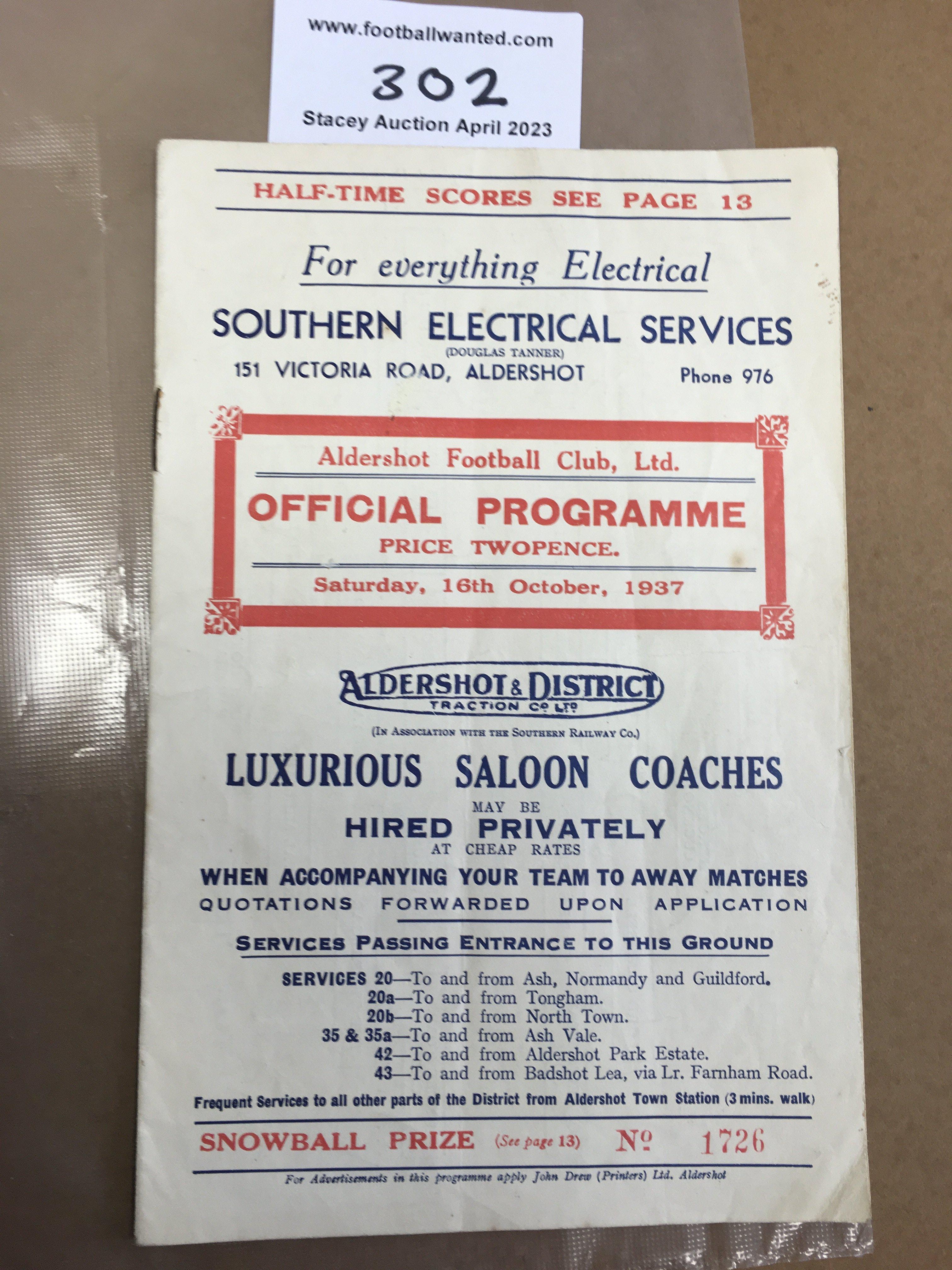 37/38 Aldershot v Clapton Orient Football Programme: Excellent condition division three programme with no team changes.