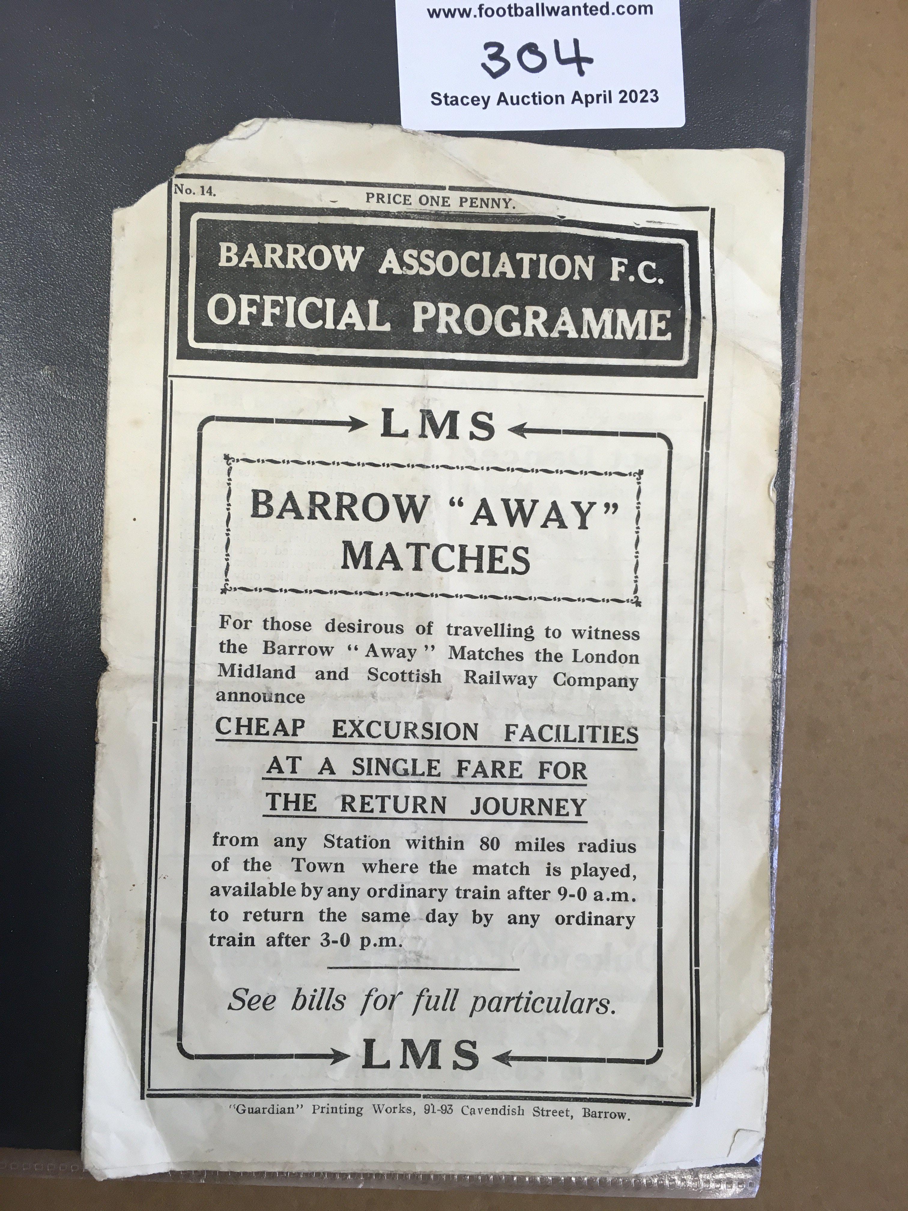 30/31 Barrow v Darlington Football Programme: League programme with no team changes. Piece of border out of programme throughout and staple missing. See online picture.