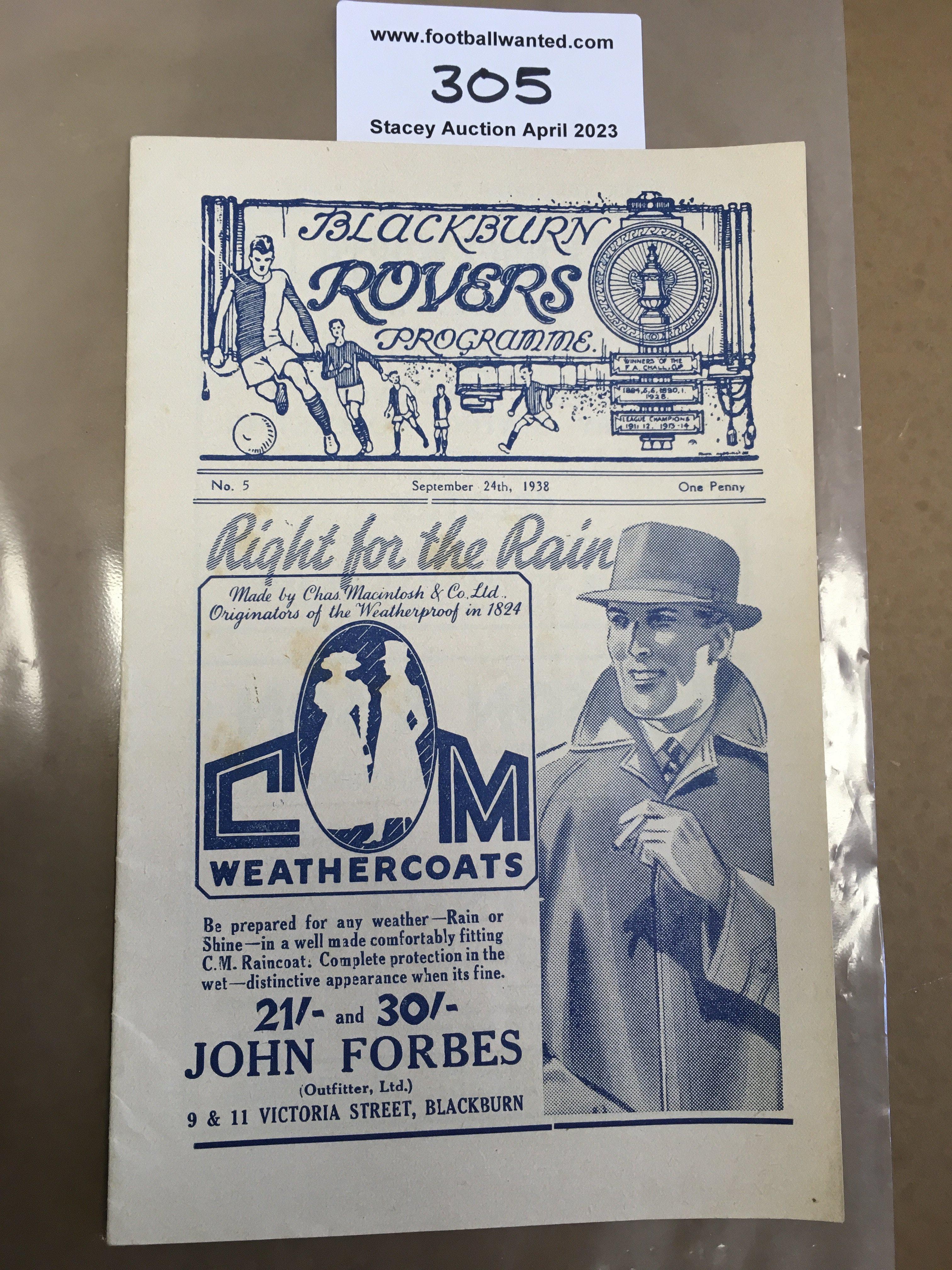 38/39 Blackburn Rovers v Manchester City Football Programme: Excellent condition league match with no team changes.