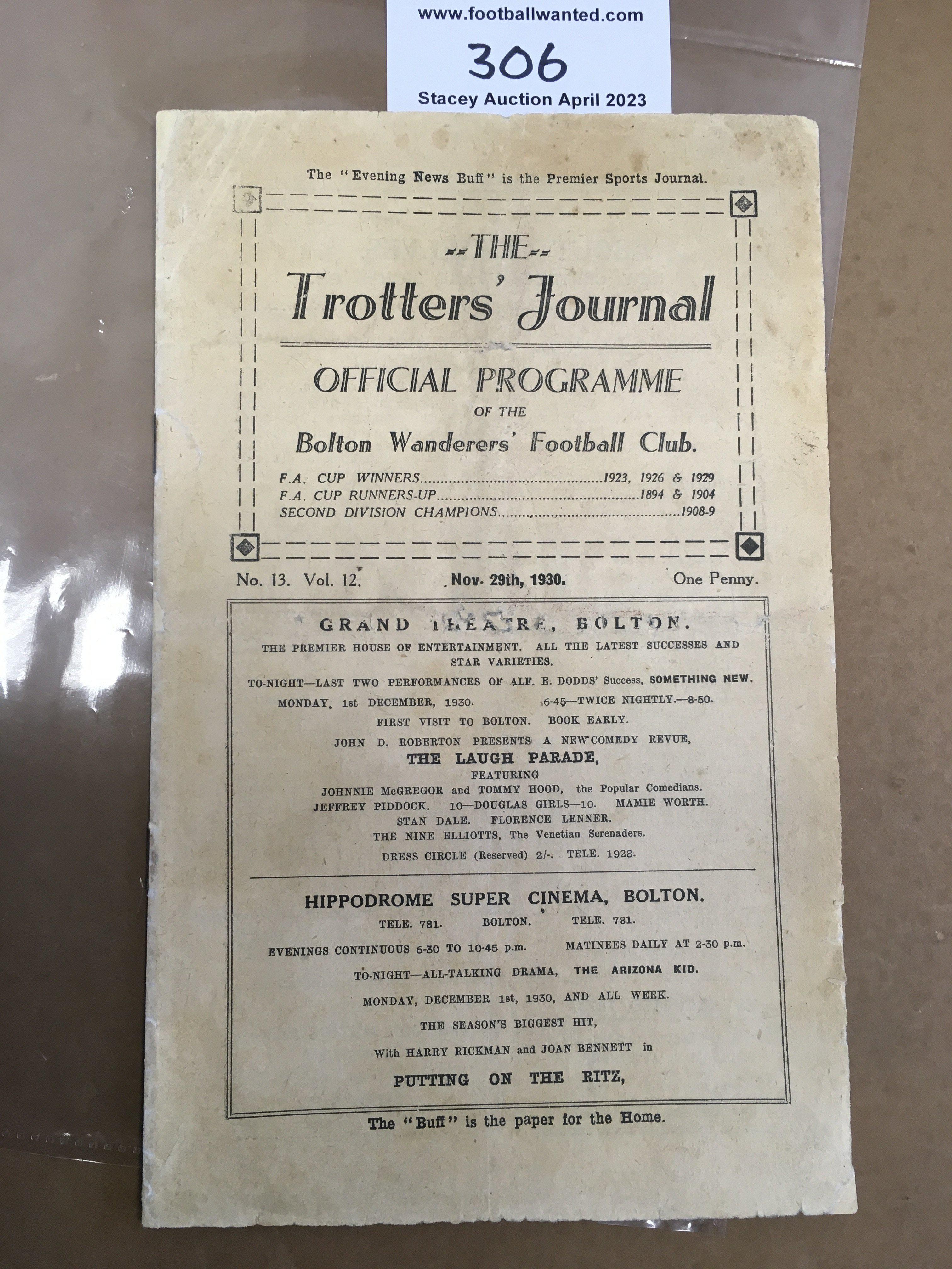 30/31 Bolton Wanderers v Birmingham City Football Programme: Excellent condition league match with no team changes. Professional spine repair.