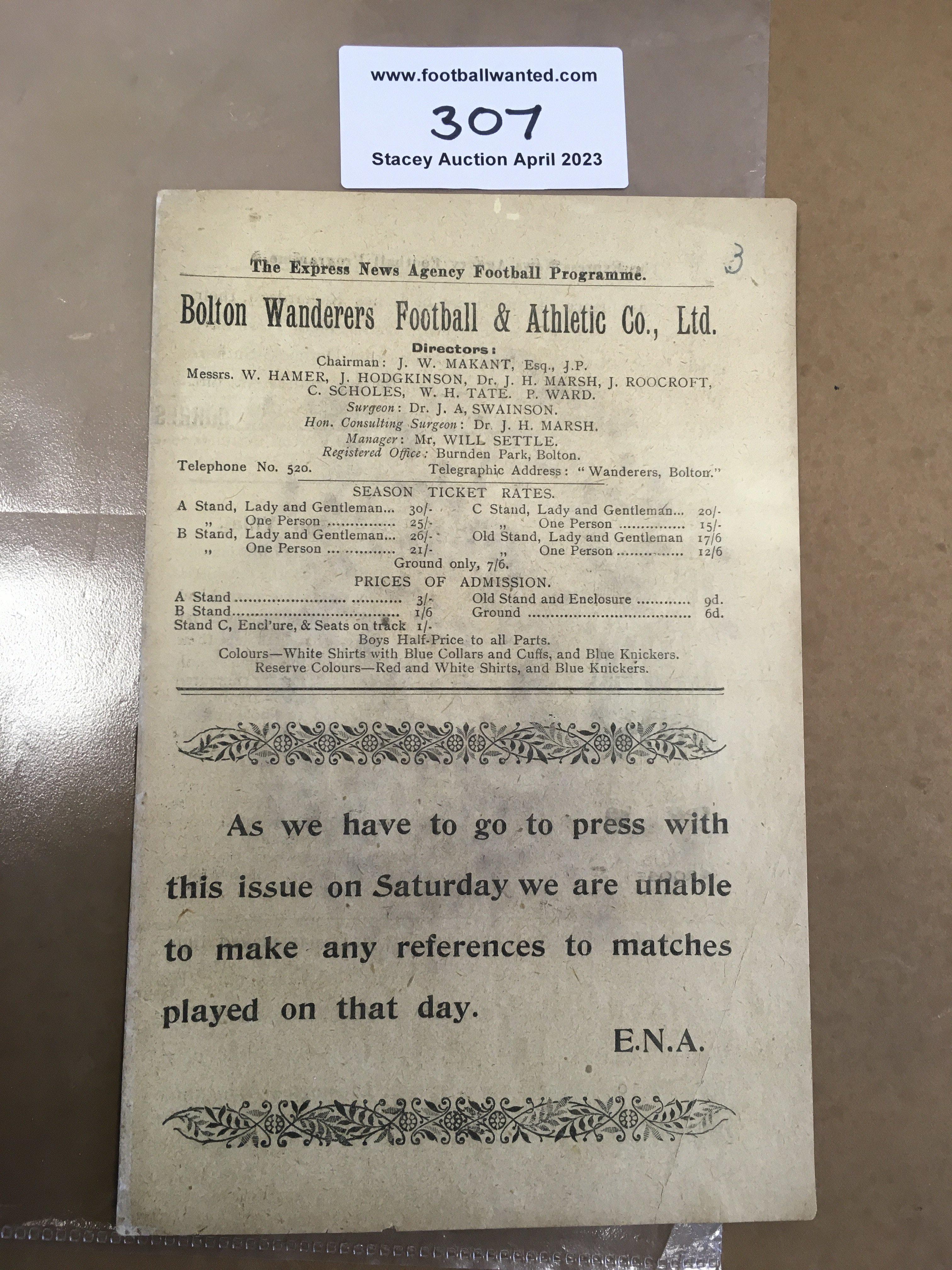 1911 - 1912 Bolton Wanderers v Liverpool Football Programme: Very good condition league match with no team changes. Professional spine repair.