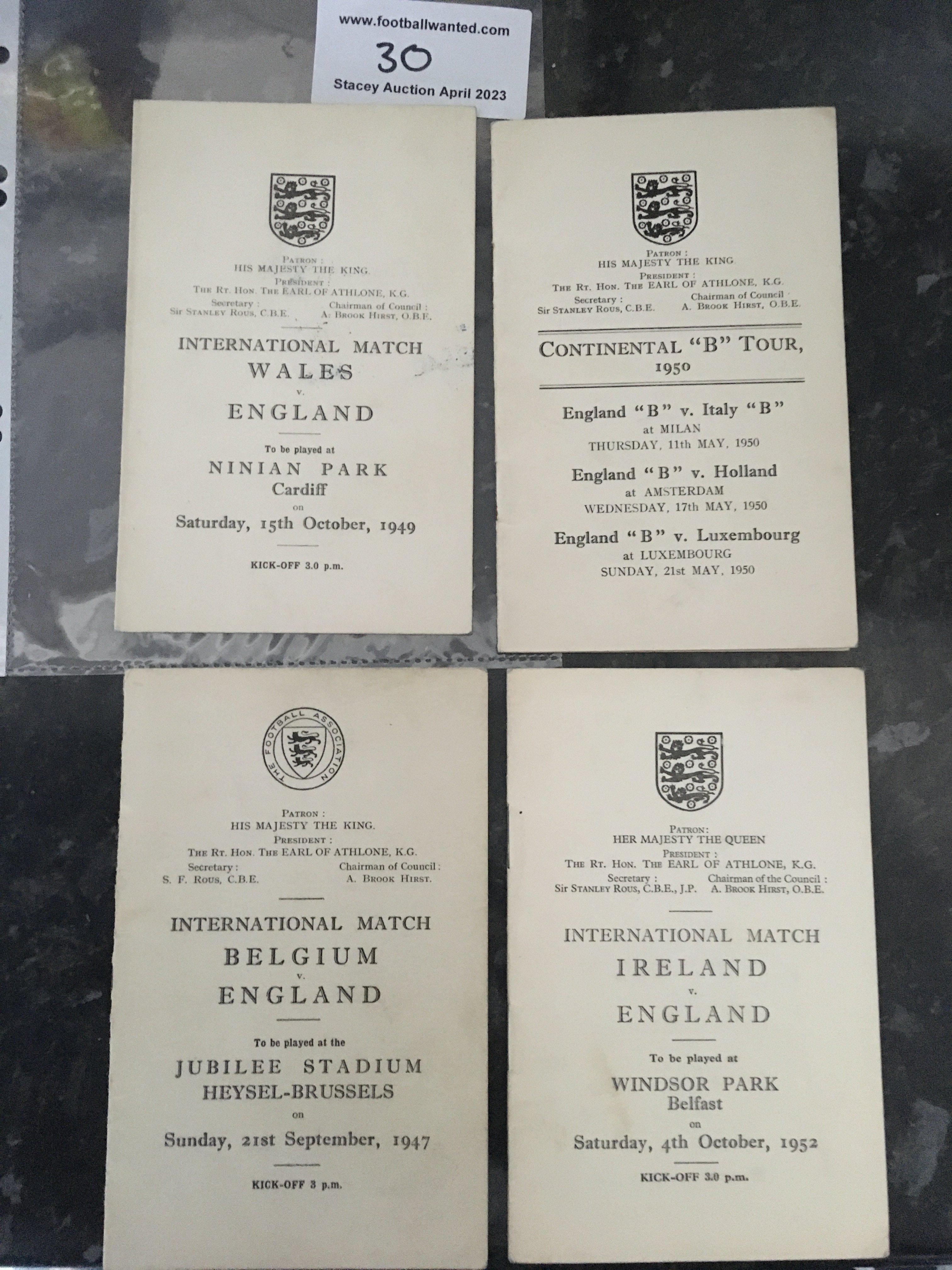 England Football Player Away Itineraries: 1947 Belgium, 1949 Wales, 1952 Ireland and a B tour of Europe in 1950. C/W The FA brochure regarding its tours of all levels of football in 1950. Excellent. (5)