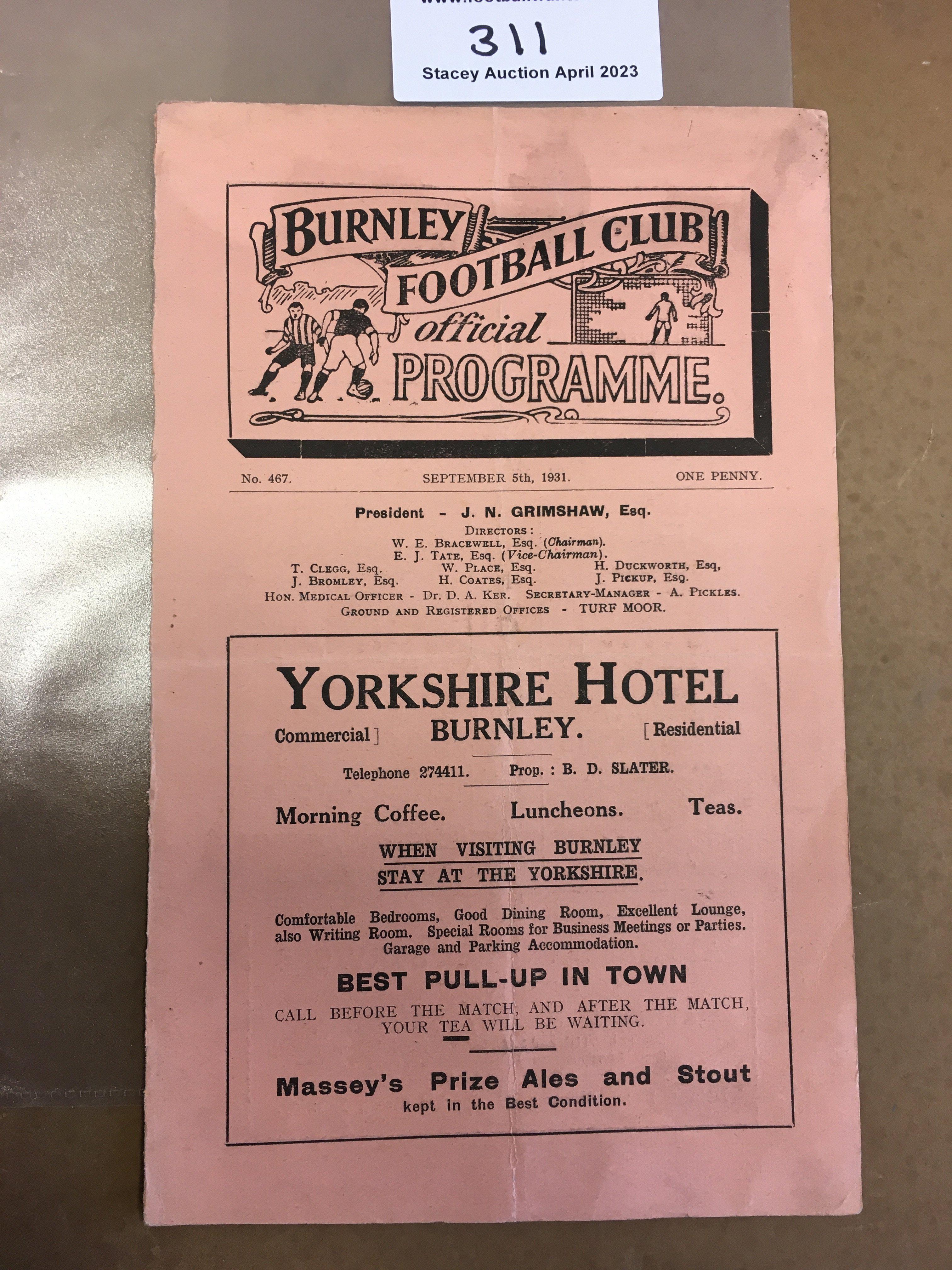 31/32 Burnley v Stoke City Football Programme: Very good condition league match with no team changes. 4 page card has tiny tear on fold.