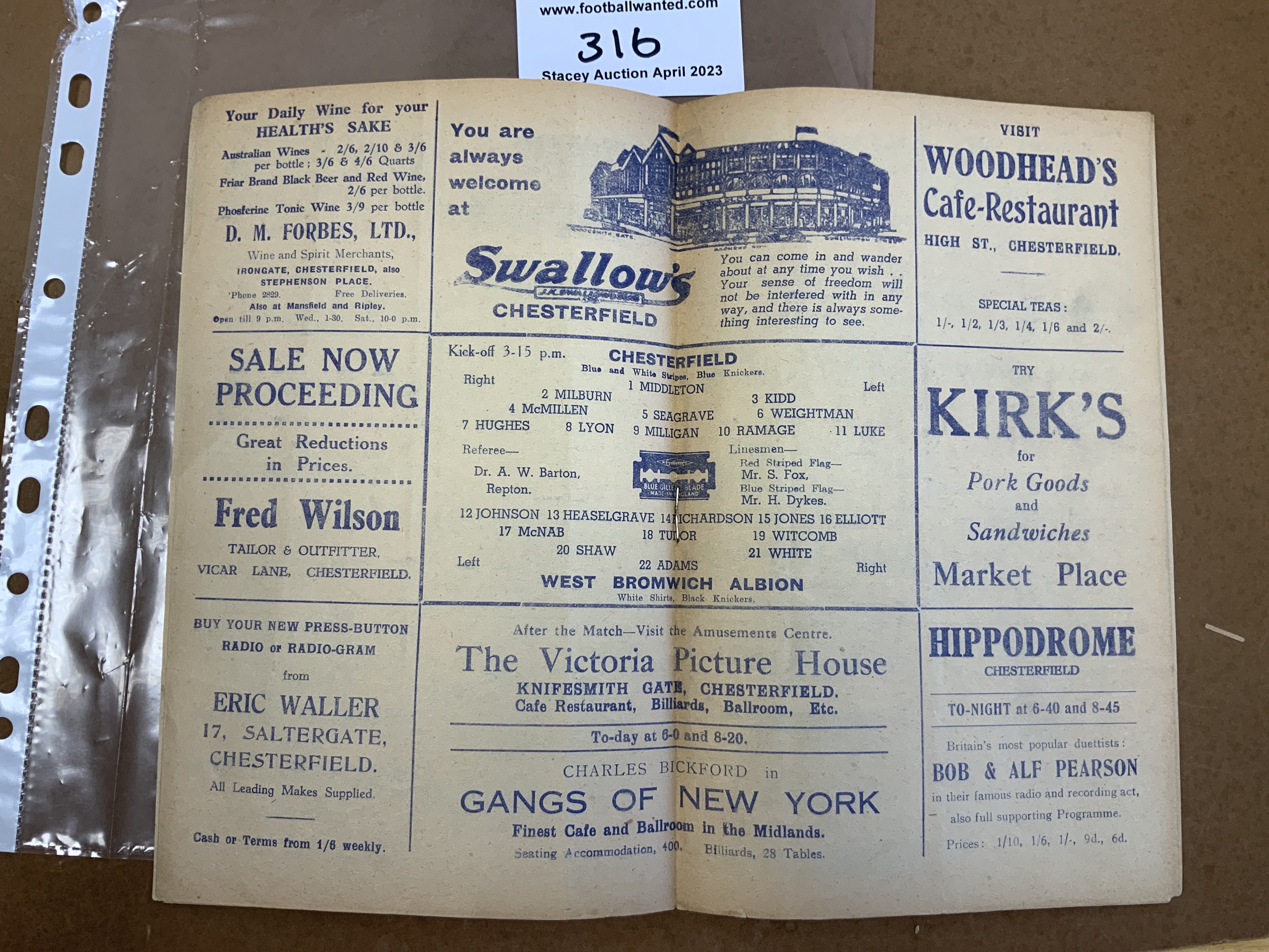 38/39 Chesterfield v West Brom Football Programme: Good condition league programme with no team changes.
