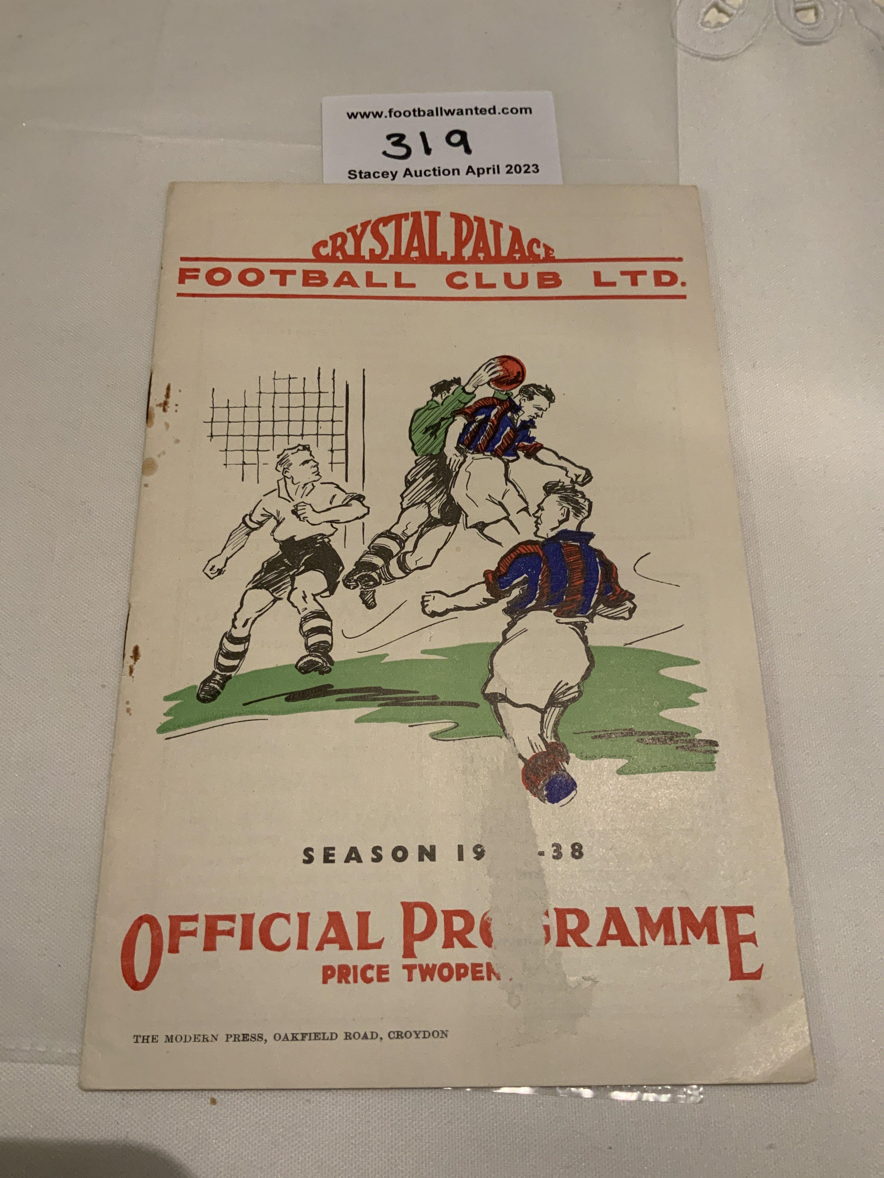 37/38 Crystal Palace v Swindon Town Football Programme: Fair/good condition league programme with no team changes. Scuff to lower cover.