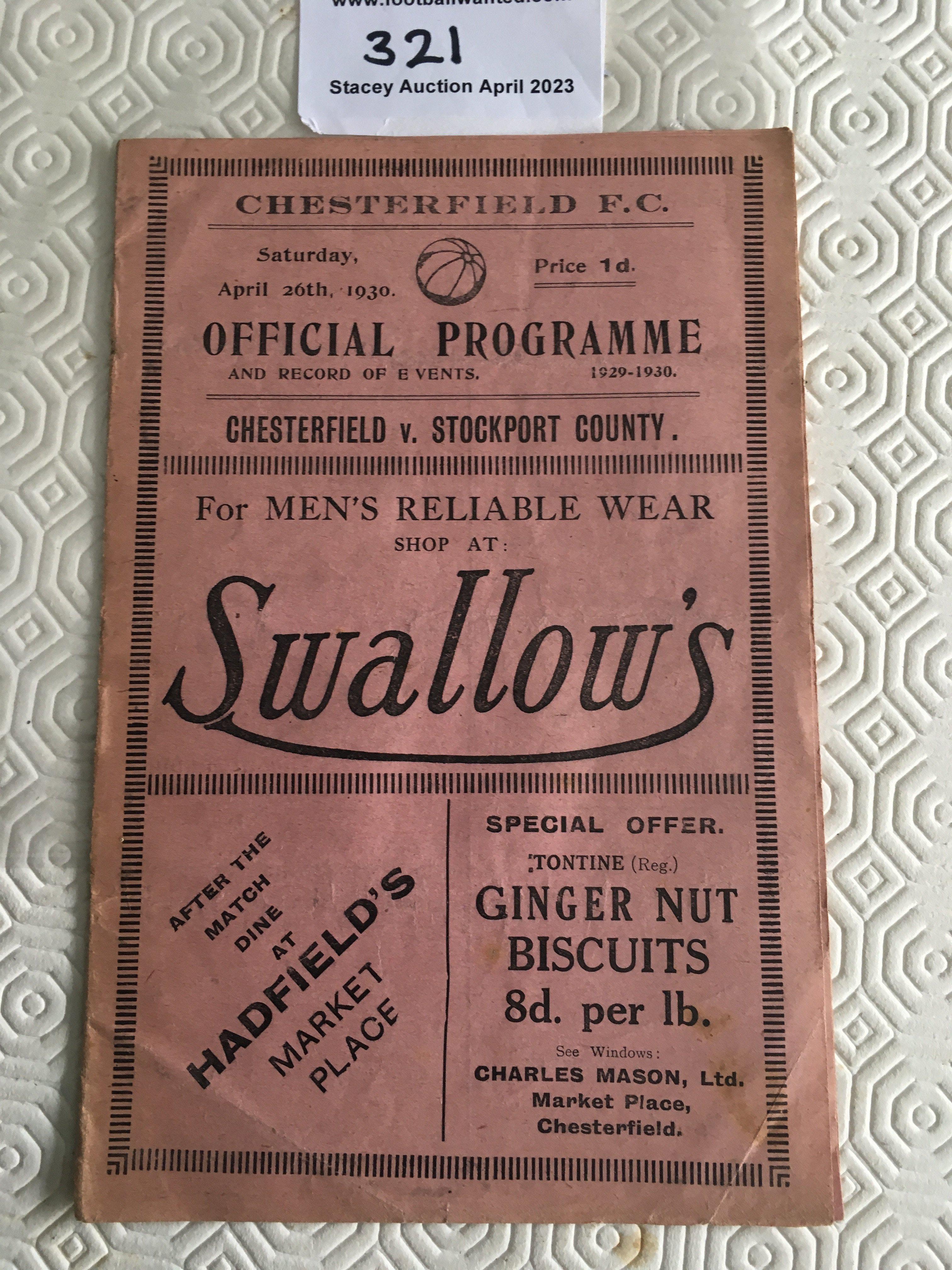 1929 - 1930 Chesterfield v Stockport County Football Programmes: Fair/good condition league match with no team changes. Light fold.