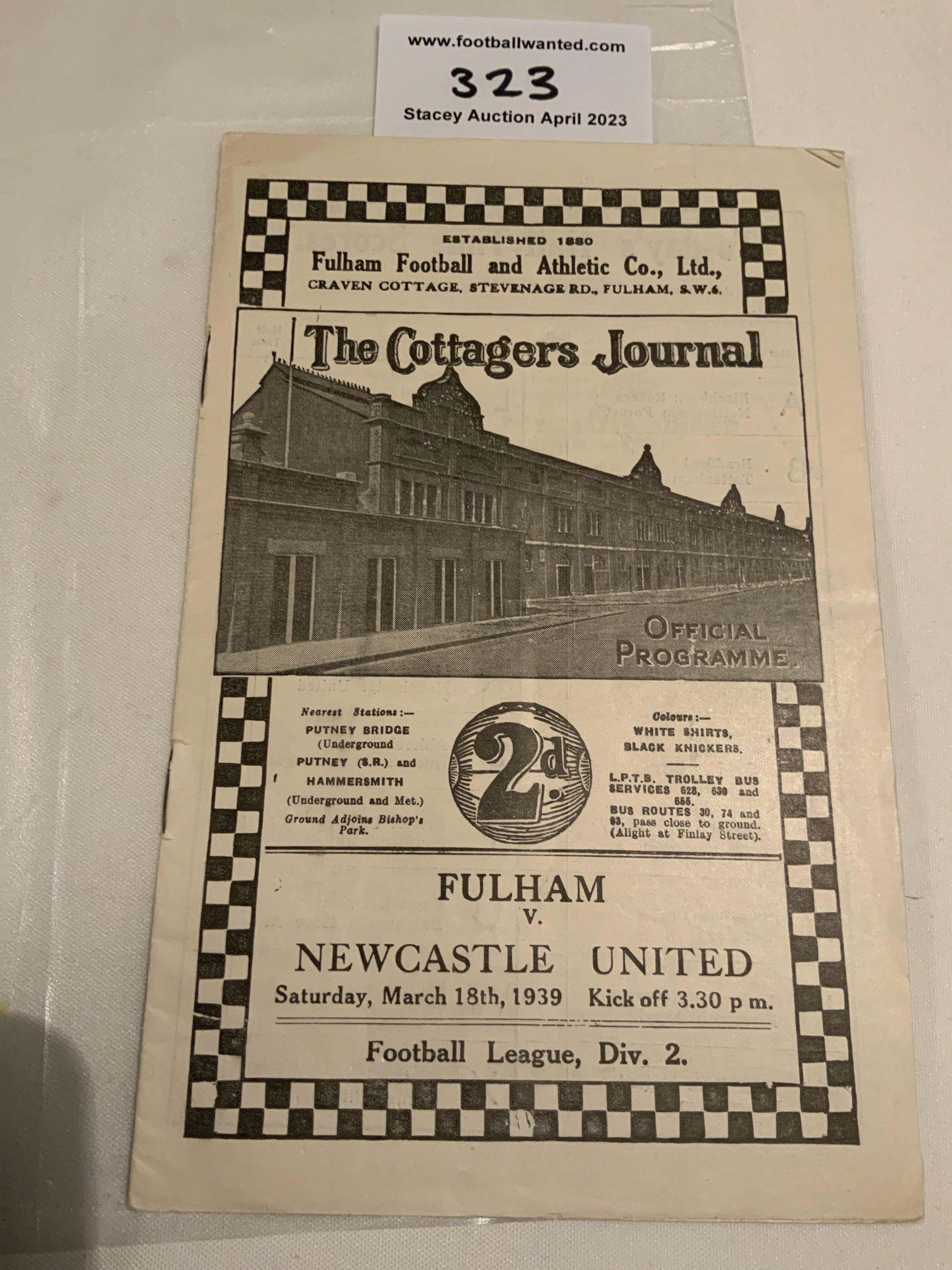 38/39 Fulham v Newcastle United Football Programme: Very good condition league programme with no team changes.