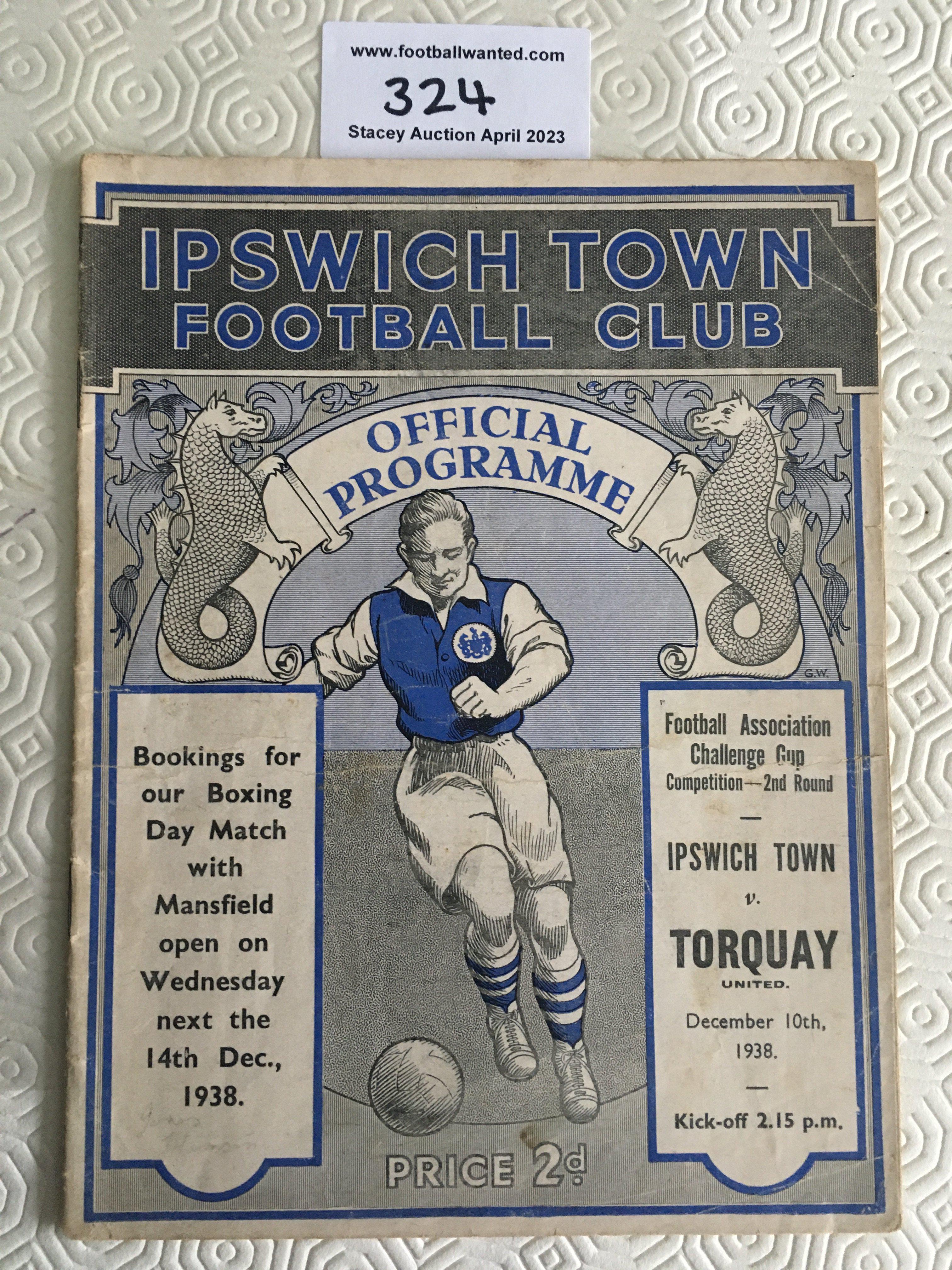 38/39 Ipswich Town v Torquay FA Cup Football Programme: Good condition programme with no team changes.
