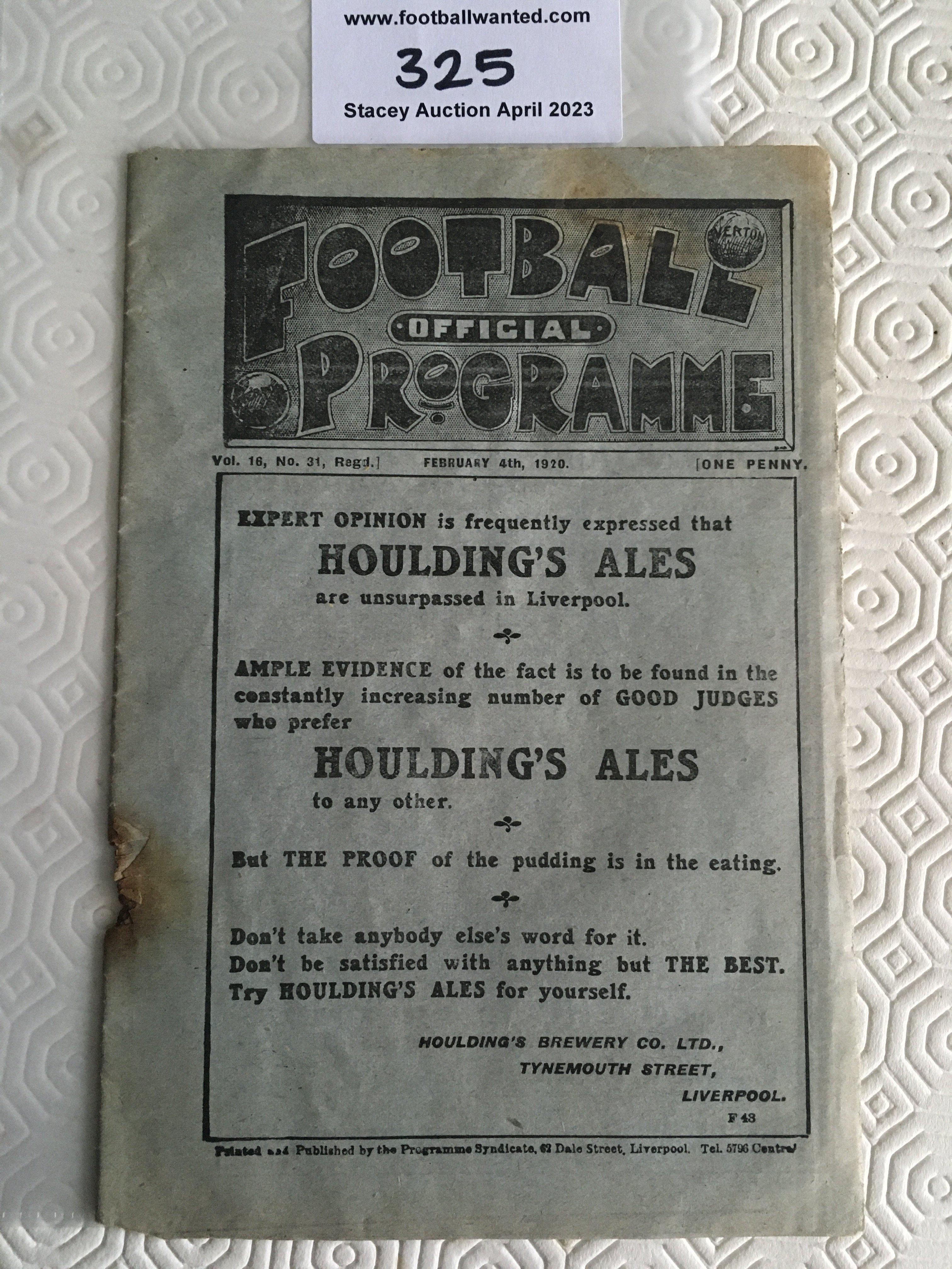 1919 - 1920 Liverpool v Bolton Football Programme: Fair condition league programme with no team changes. Hole where staple has rotted away.