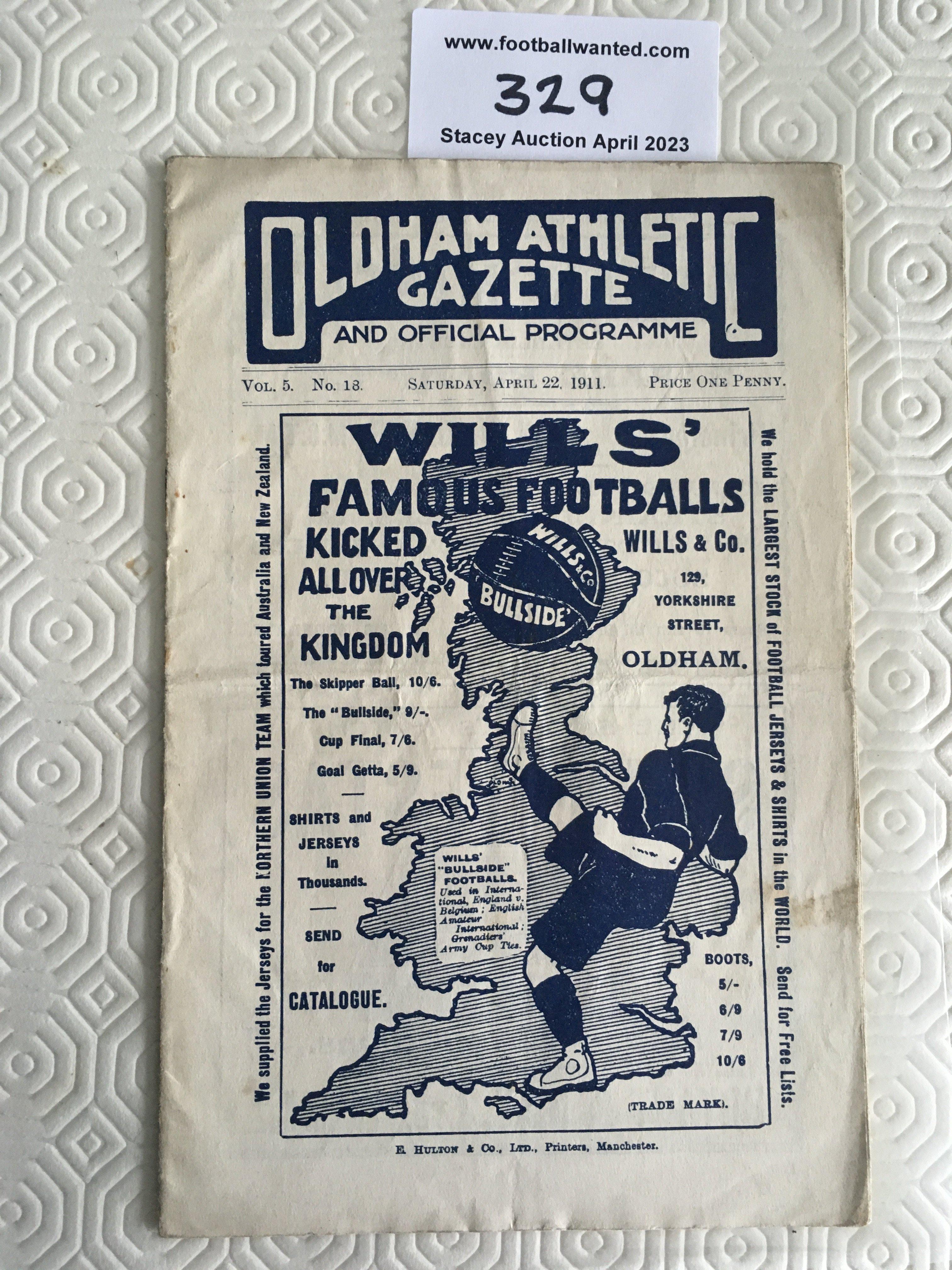 1910 - 1911 Oldham Athletic v Bury Football Programme: Good condition league programme with no team changes. Rusty staples holding firm and folding.