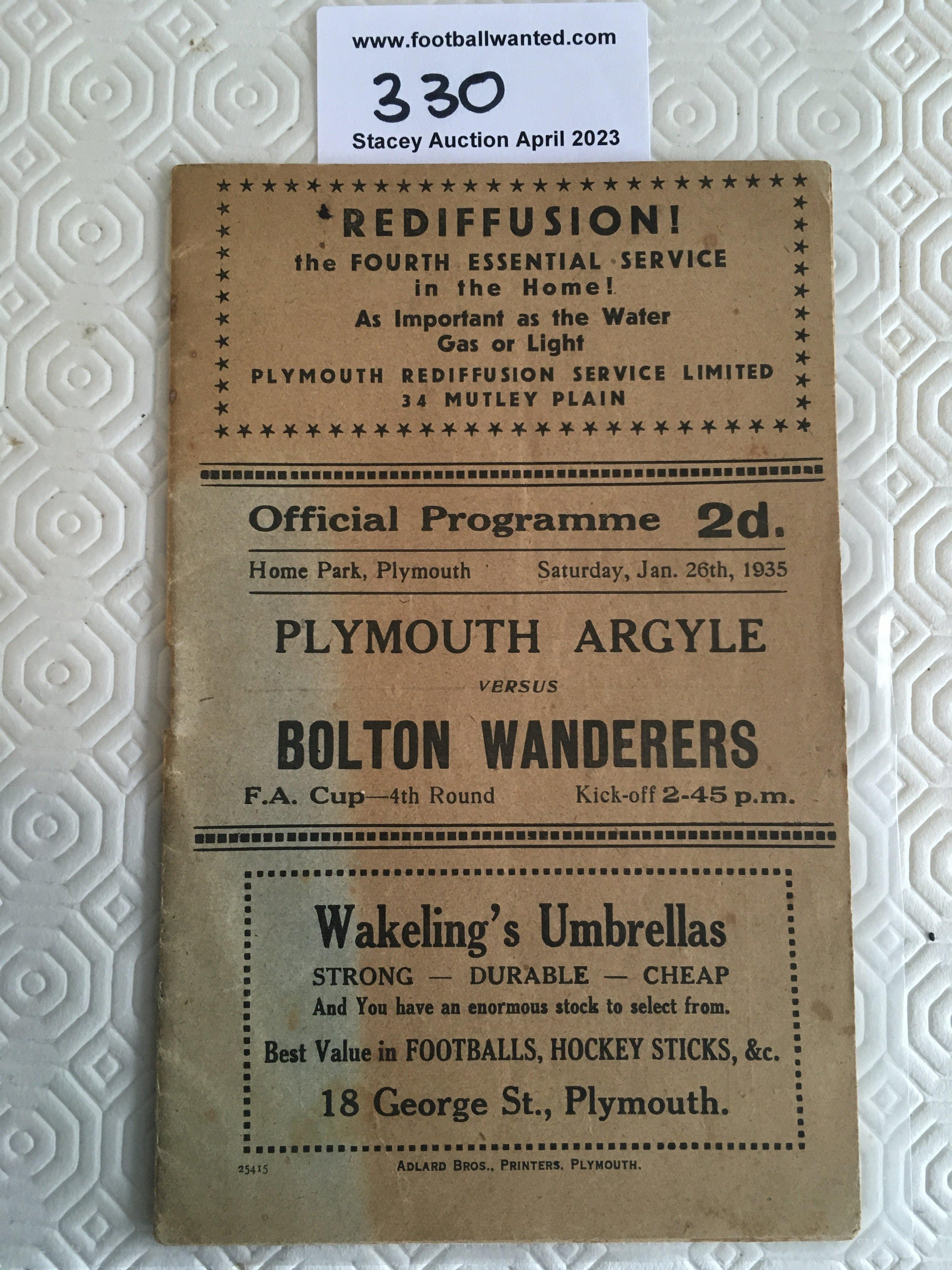 34/35 Plymouth v Bolton FA Cup Football Programme: Good condition programme with no team changes. Age staining to cover and FA Cup supplement with both team groups inside.