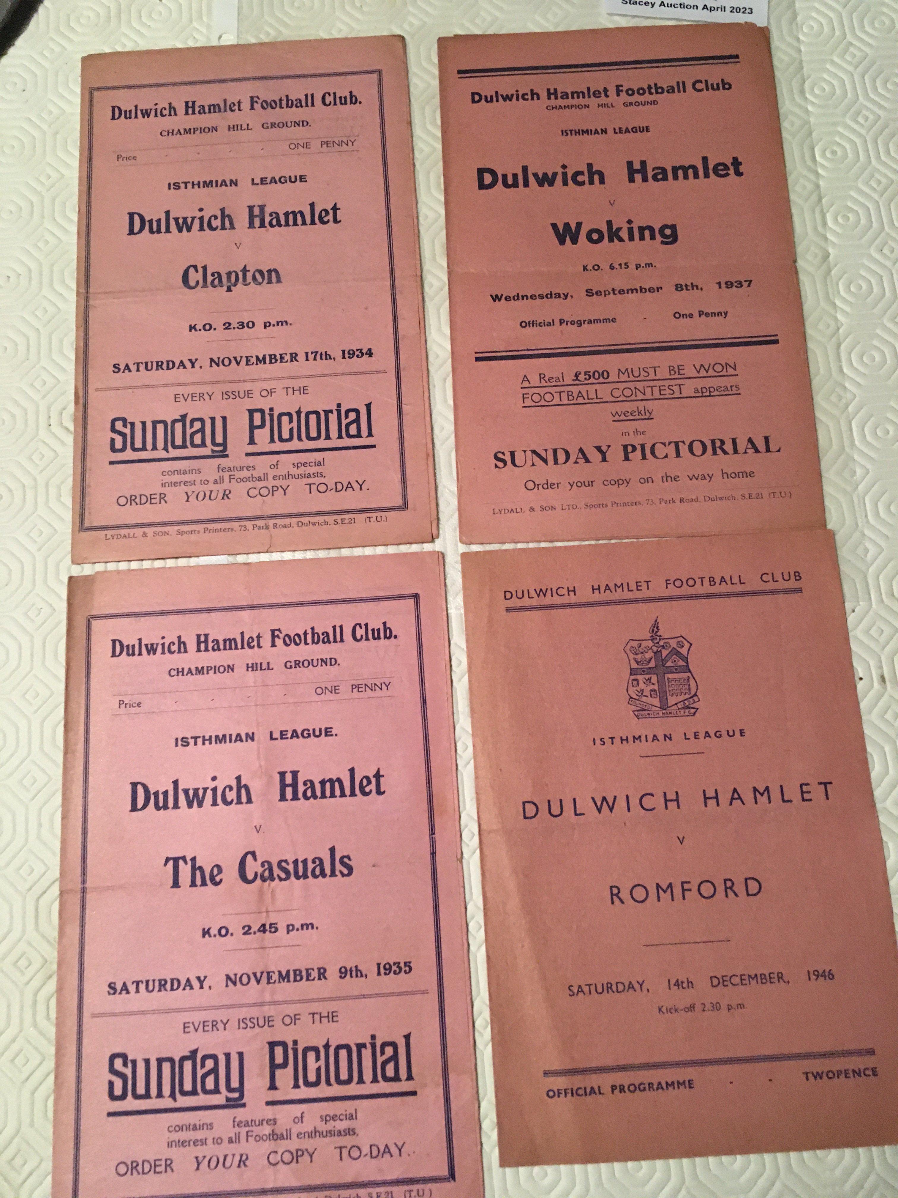 Dulwich Hamlet Pre War Home Football Programmes: 34/35 Clapton, 35/36 Corinthian Casuals, 37/38 Woking plus a 46/47 Romford. Good with instructions to sell. (4)