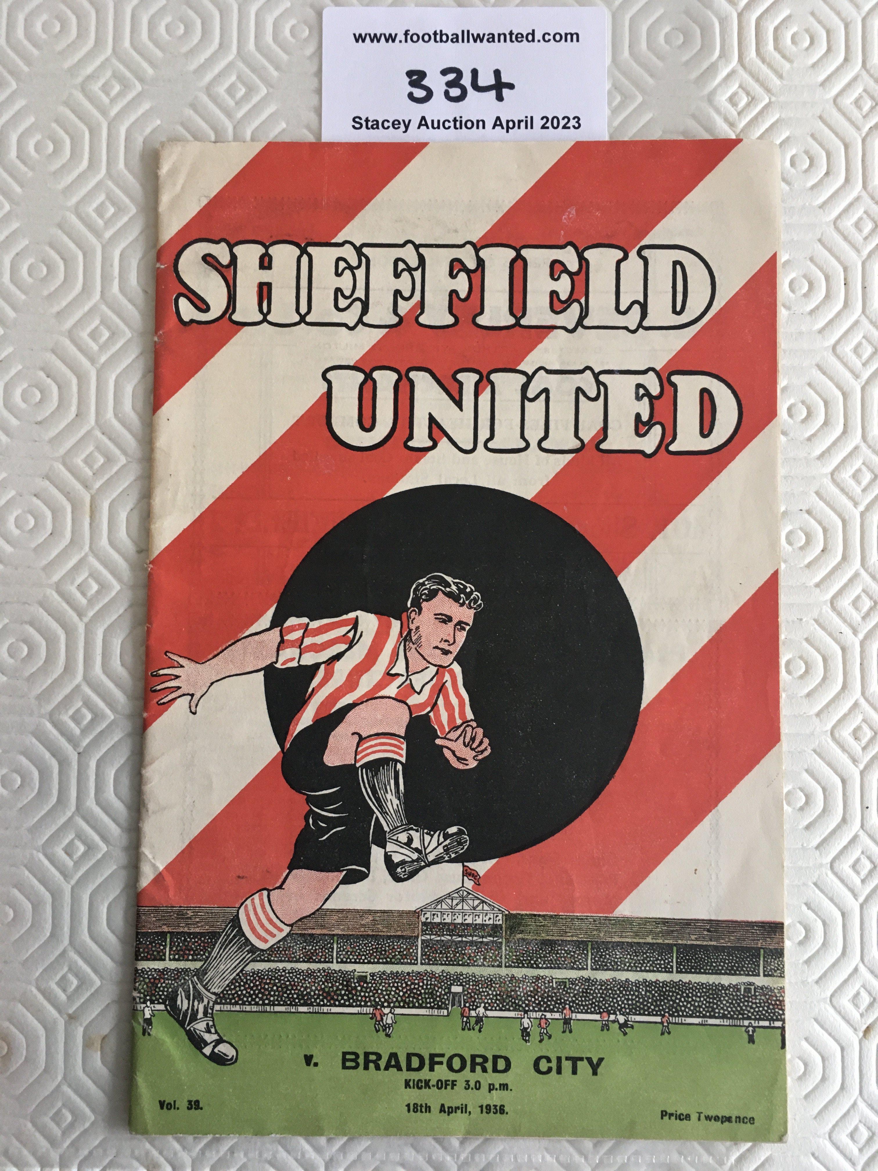 35/36 Sheffield United v Bradford City Football Programme: Excellent condition league programme with no team changes. Last game of the season before meeting Arsenal in the FA Cup Final.