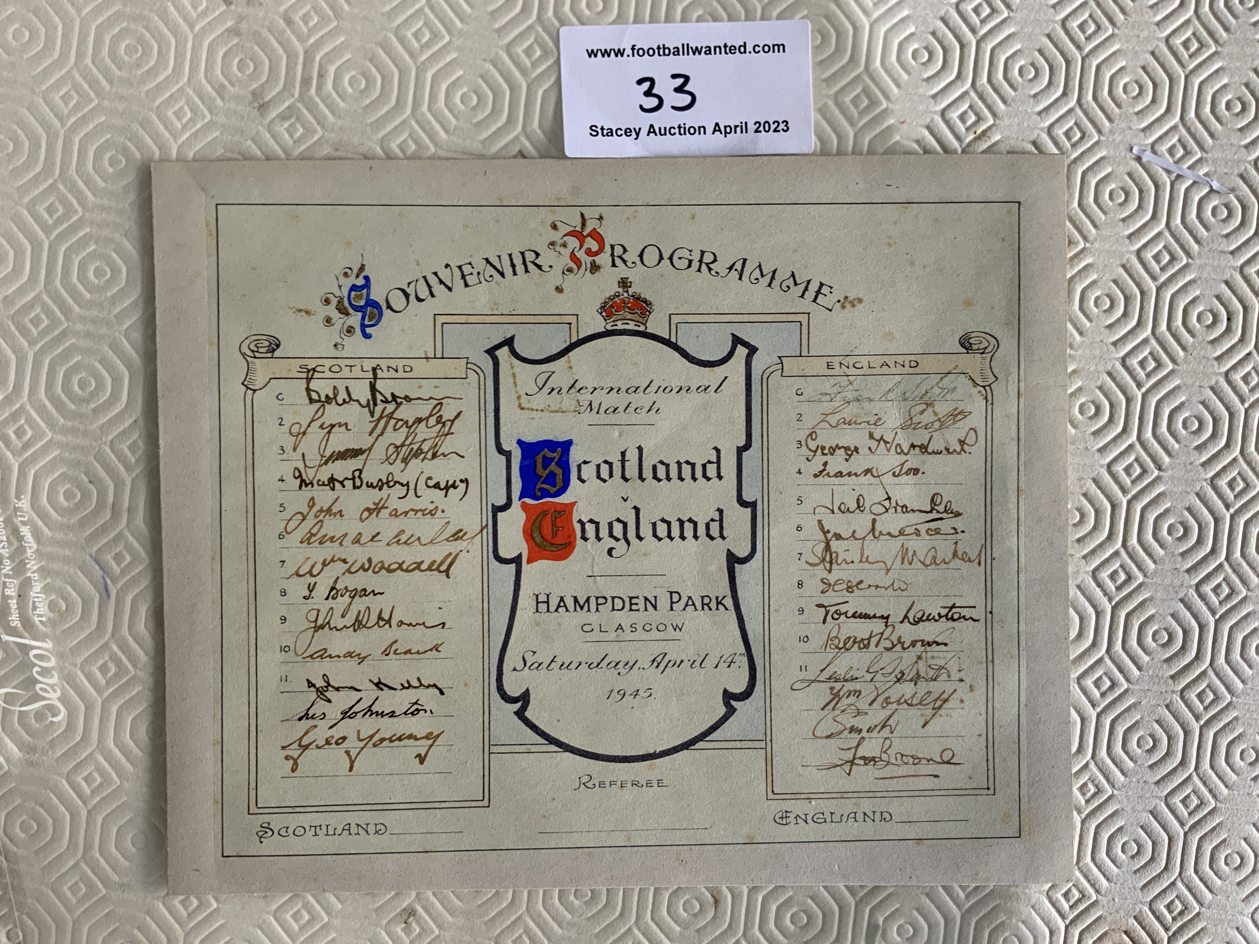 1945 Scotland v England Fully Signed Football Programme: Single unofficial card hand signed neatly by both squads for the match at Hampden Park on April 14th 1945. Stunning item has tape marks to tear.