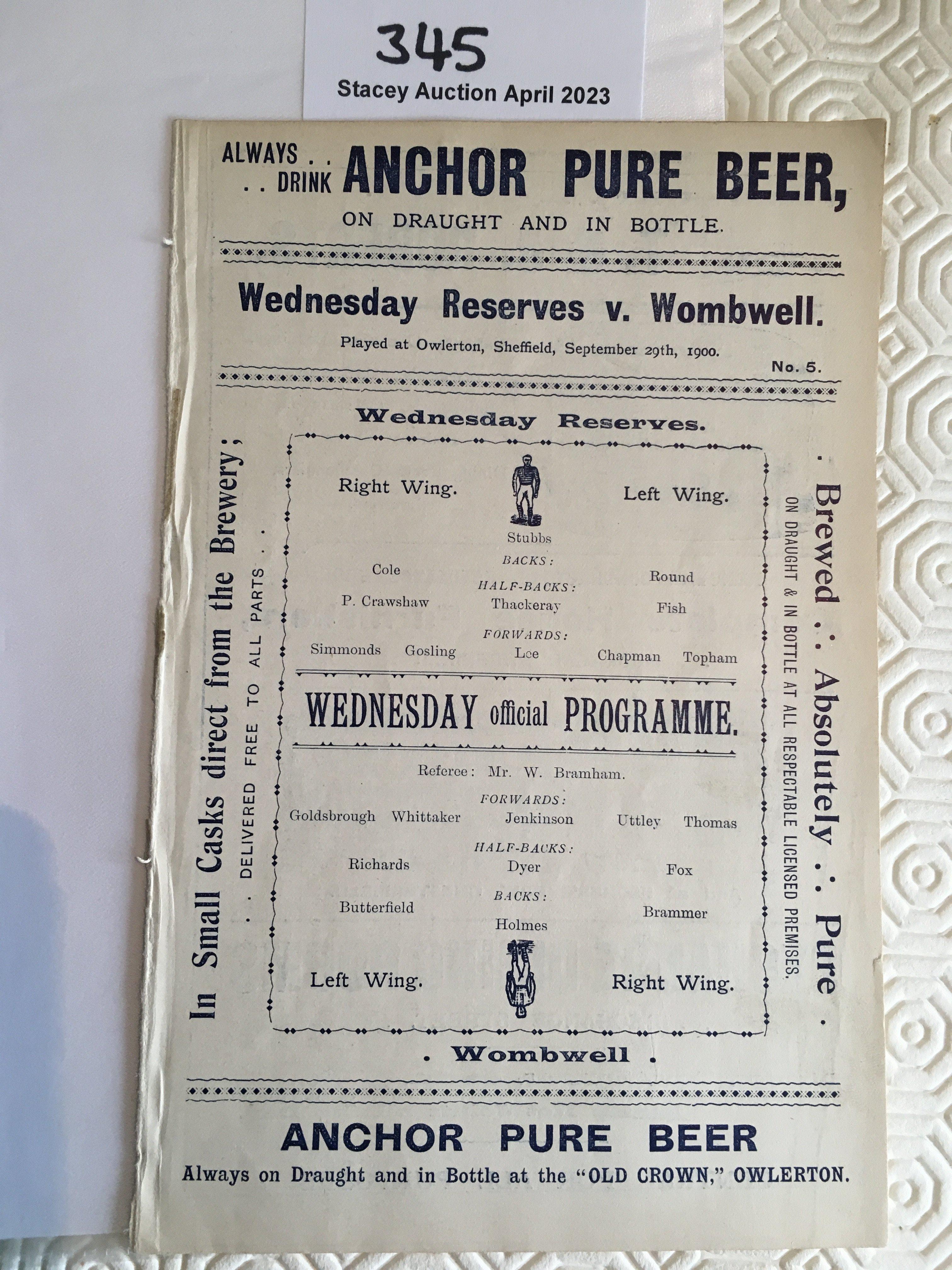 1900 - 1901 Sheffield Wednesday v Wombwell Football Programme: Eight pager ex bound reserve programme in good condition with no team changes.