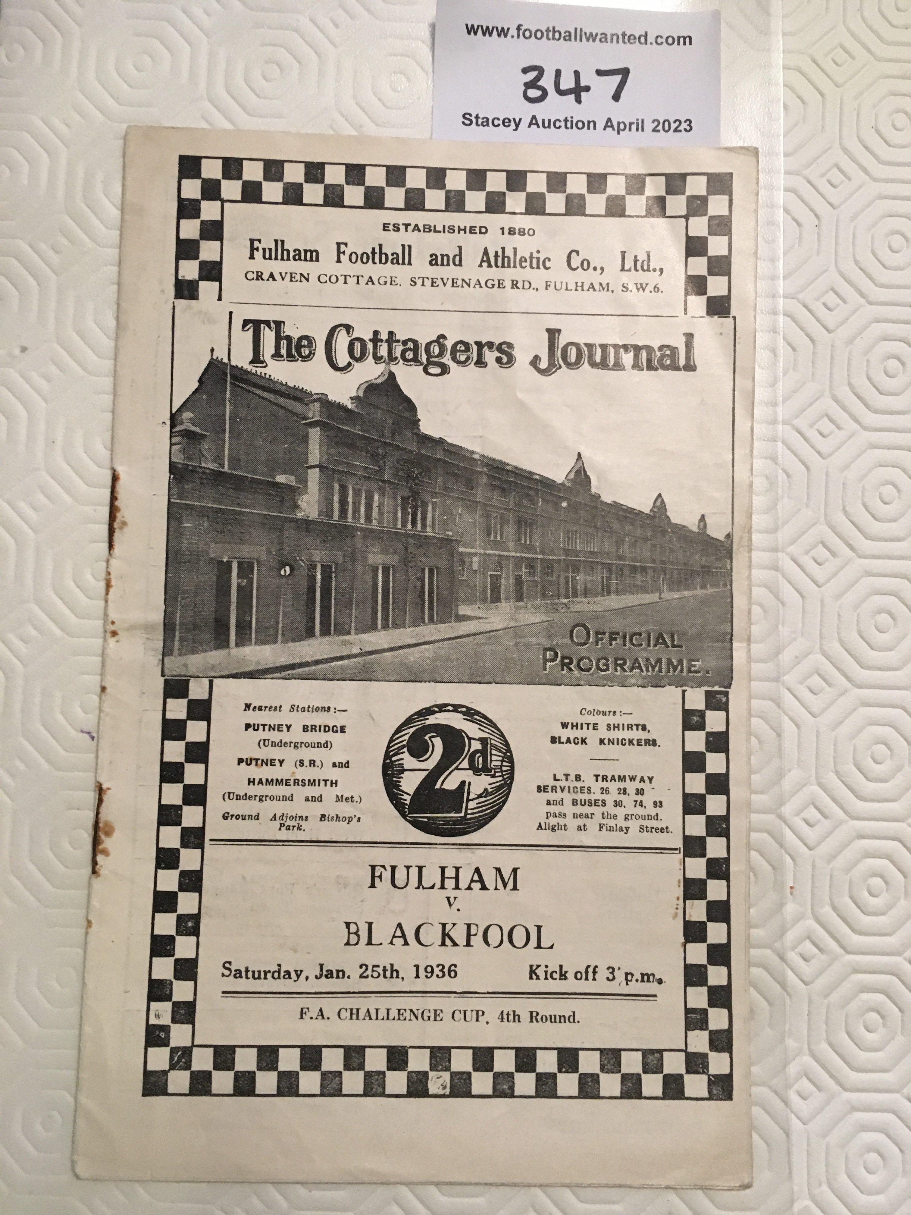35/36 Fulham v Blackpool FA Cup Football Programme: Rusty staples otherwise good with no team changes.
