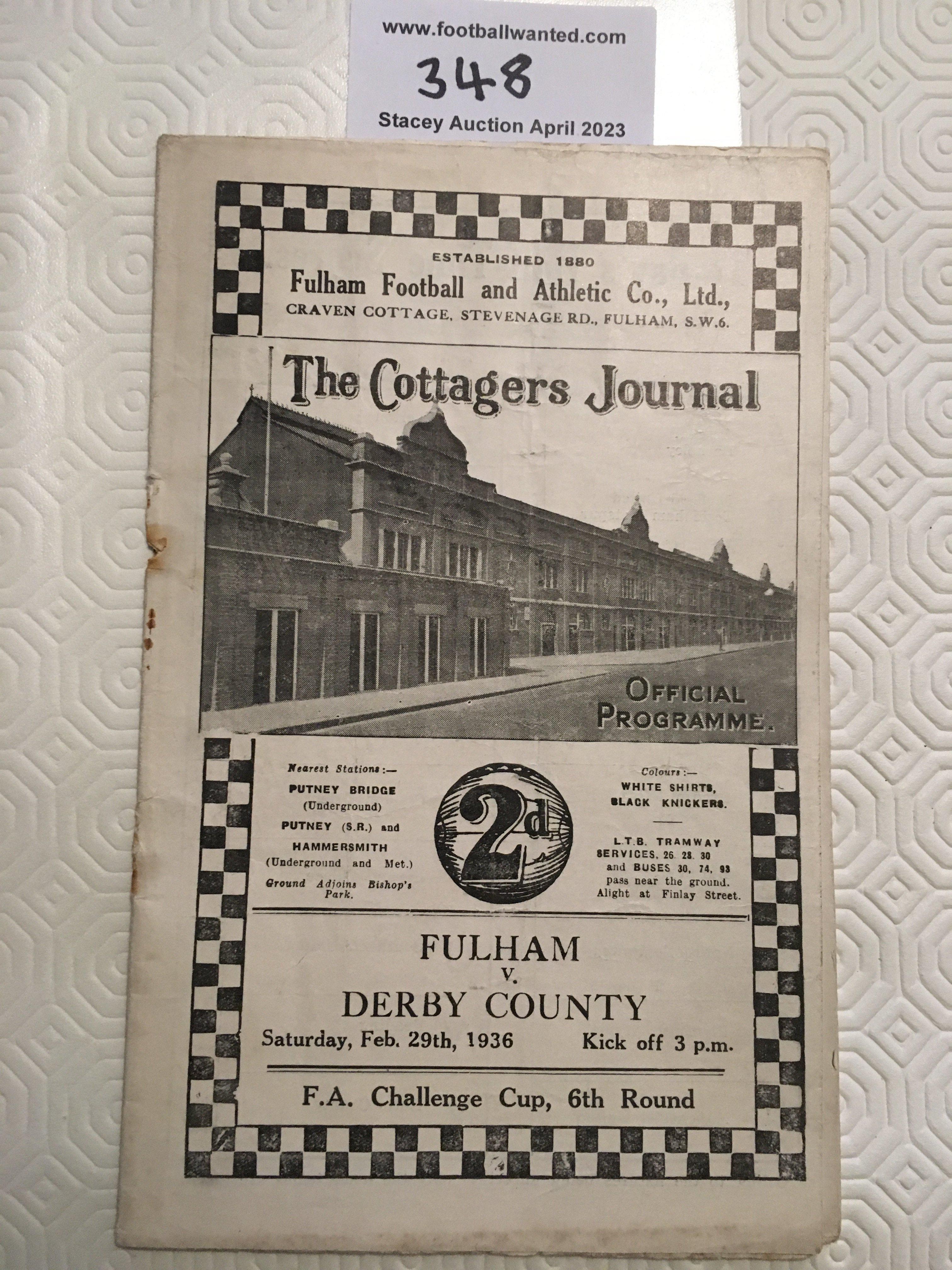 35/36 Fulham v Derby County FA Cup Football Programme: Staples rusted away leaving hole. Otherwise good with no team changes.