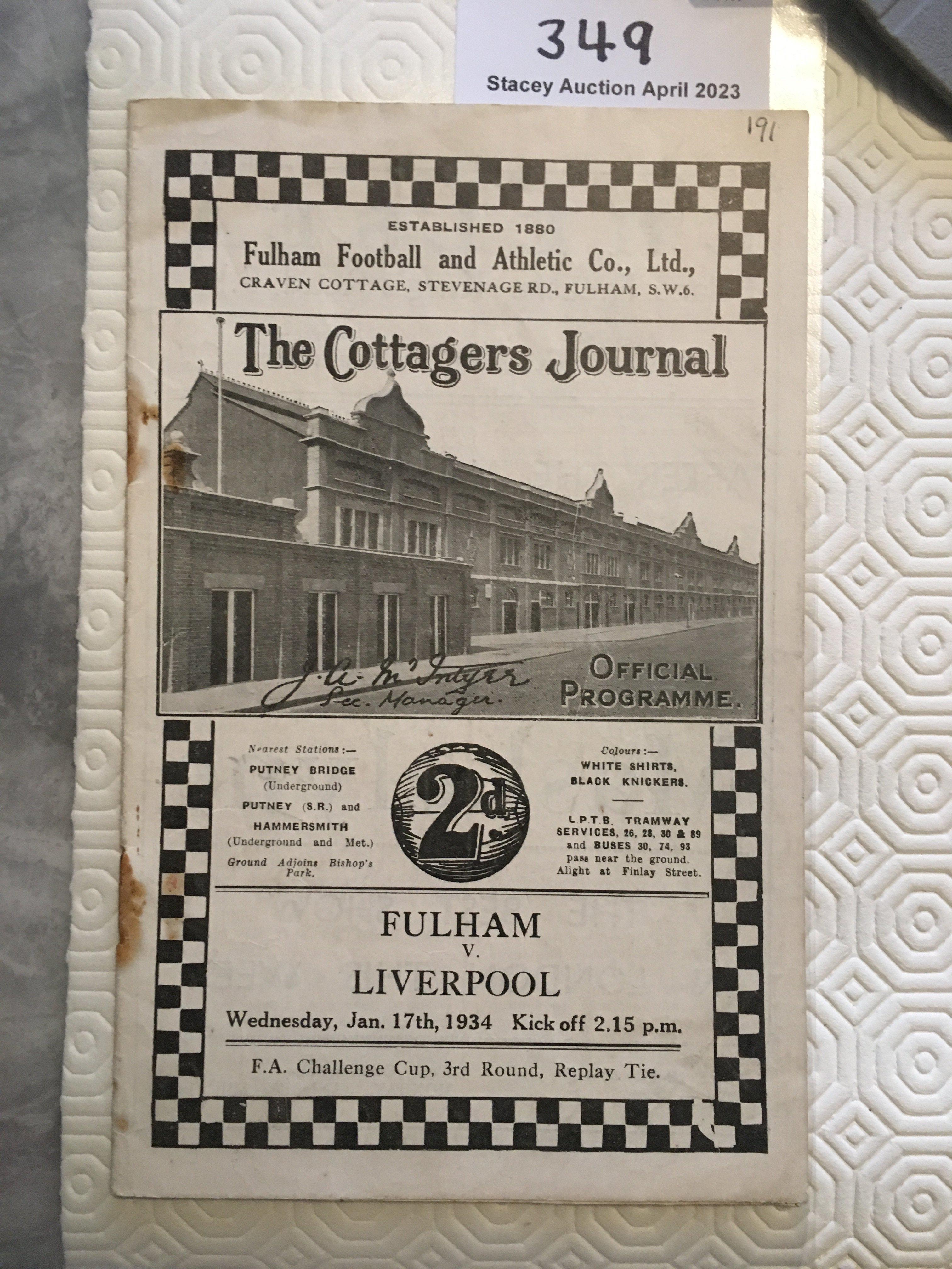 33/34 Fulham v Liverpool FA Cup Football Programme: Number in top corner and staples rusted away leaving hole. Otherwise good with pencilled team changes.