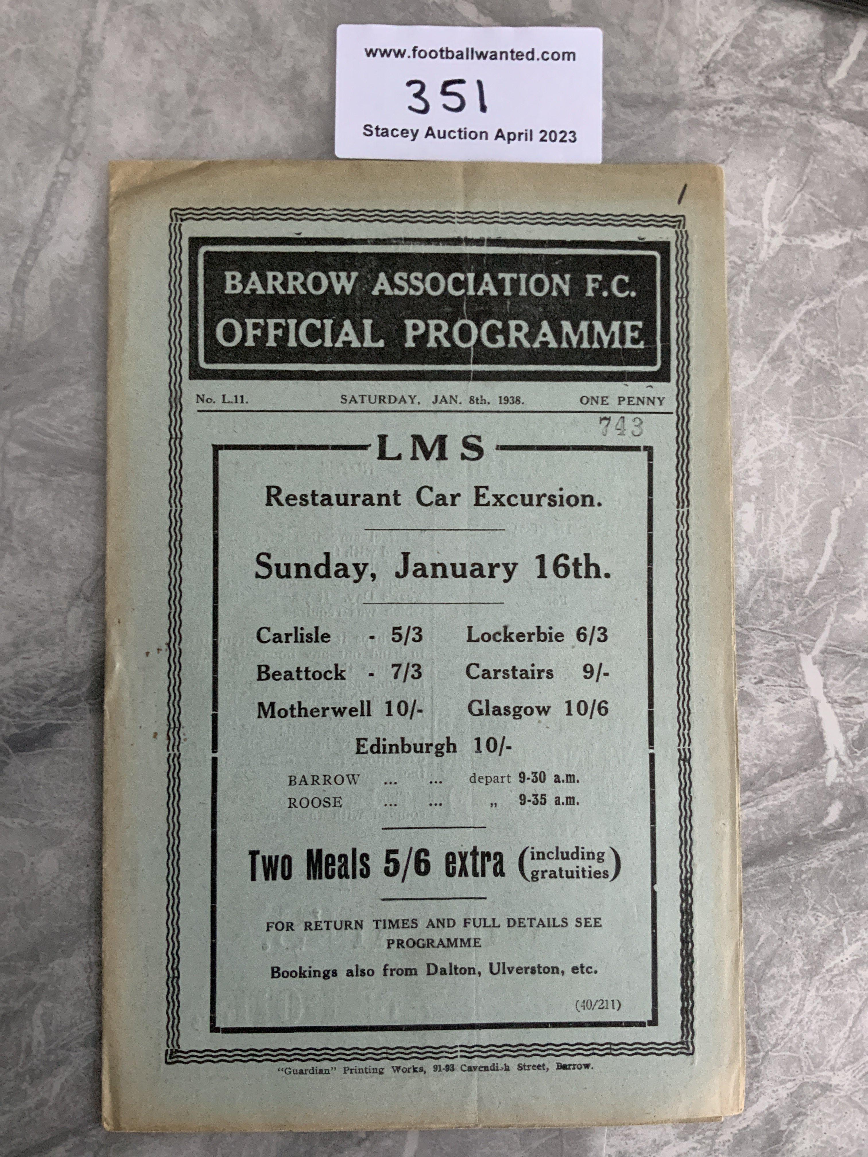 1937 - 1938 Barrow v Halifax Town Football Programme: Very good condition 8 pager with no team changes. Tiny pen mark to corner border.