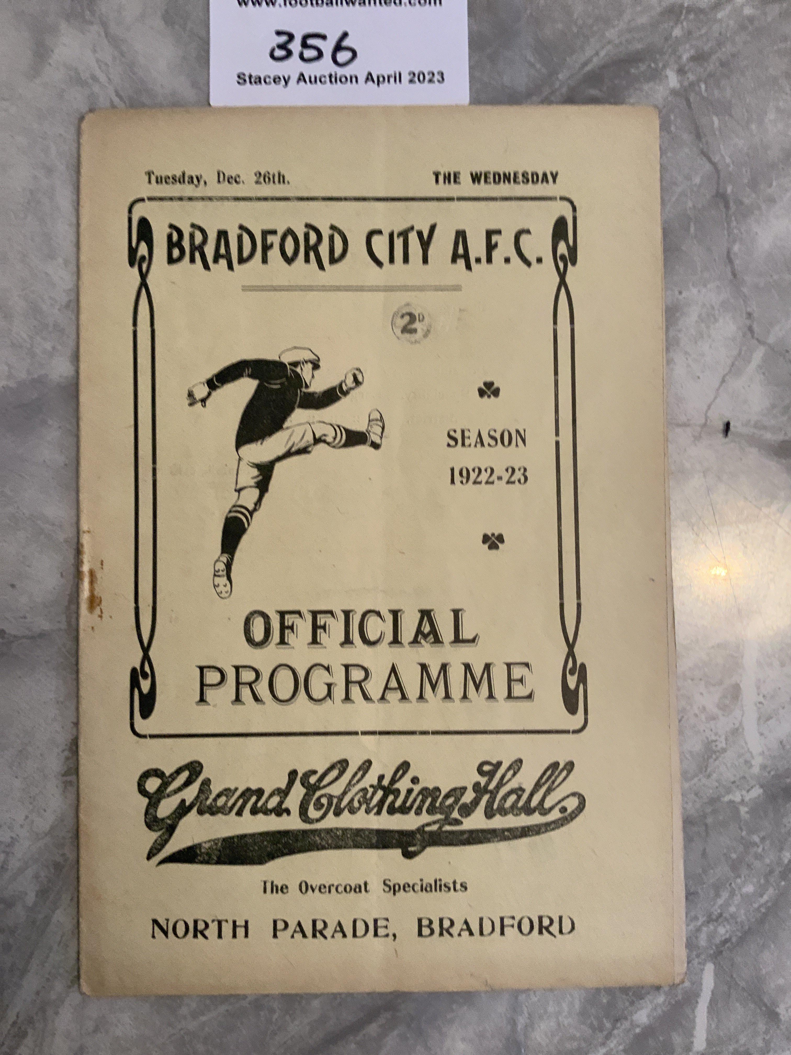 1922 - 1923 Bradford City v Sheffield Wednesday Football Programme: Very good condition with no team changes.