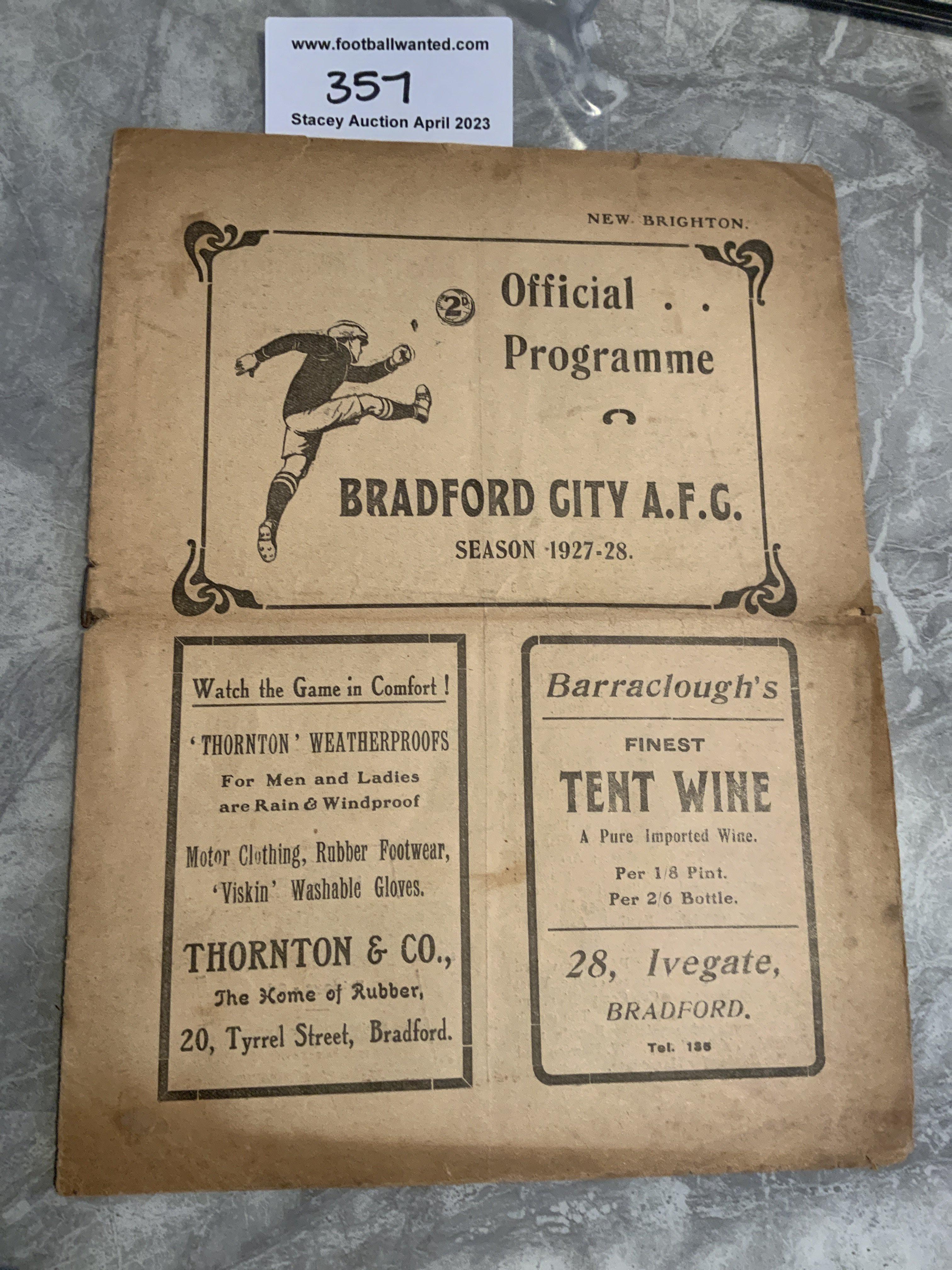 1927 - 1928 Bradford City v New Brighton Football Programme: Fair/good condition with no team changes. Small tear on fold near staple.