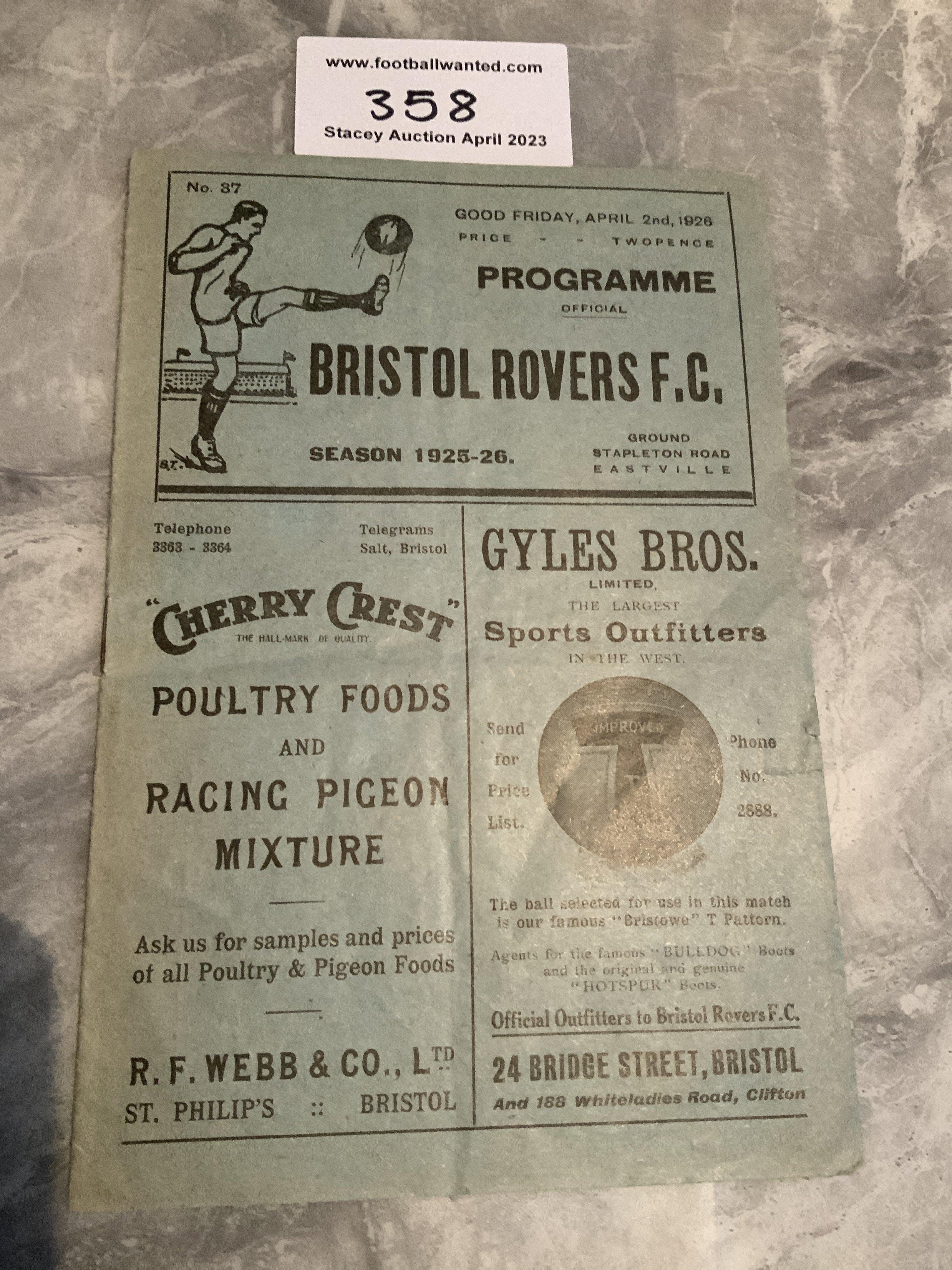 1925 - 1926 Bristol Rovers v Reading Football Programme: Good condition with no team changes.