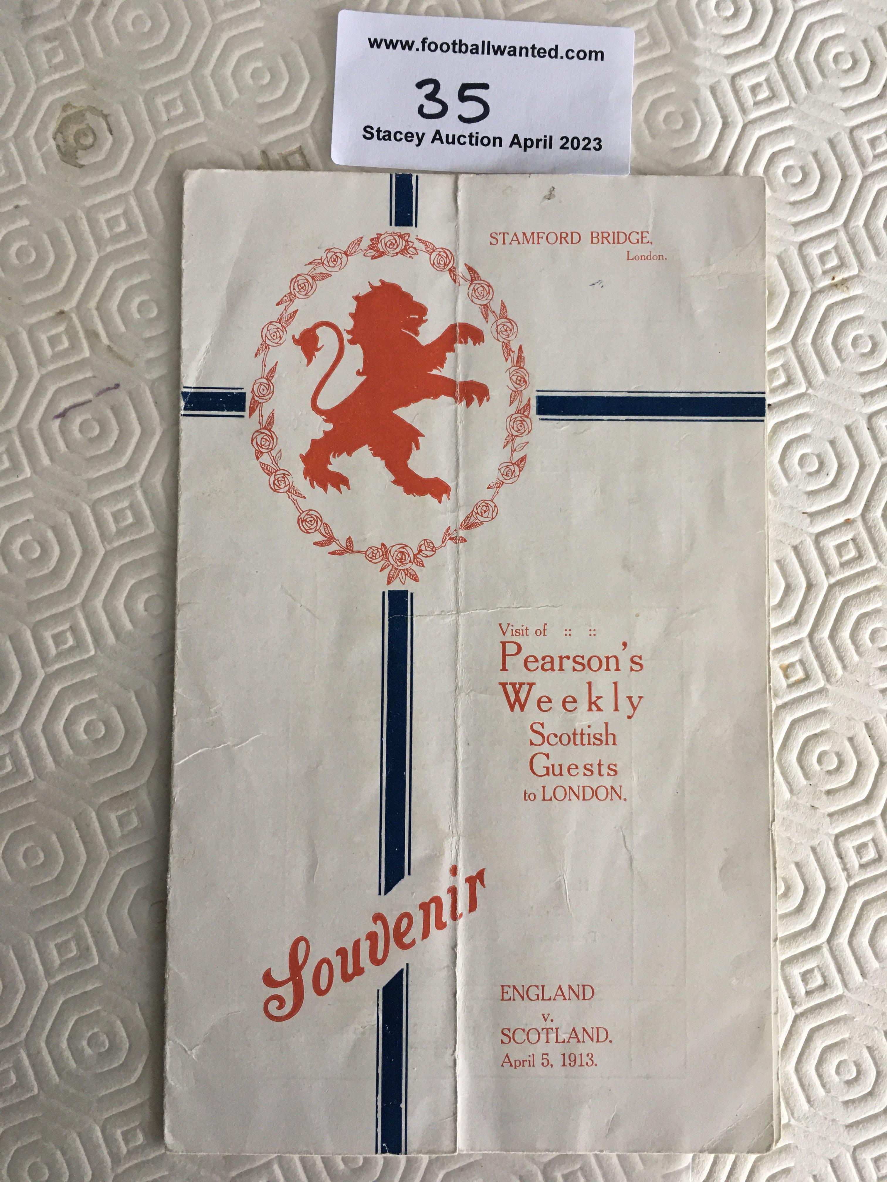 1913 England v Scotland Football Menu: Four page menu for match played at Chelsea on 5 4 1913. 110 year old menu has a 1.5 inch tear on fold. It acts not only as a menu but an itinerary for the Scotland touring party for the day and mentions times the Char a banc will pick them up etc. Both teams line ups also printed. Rare item with date of match and Stamford Bridge printed to front.