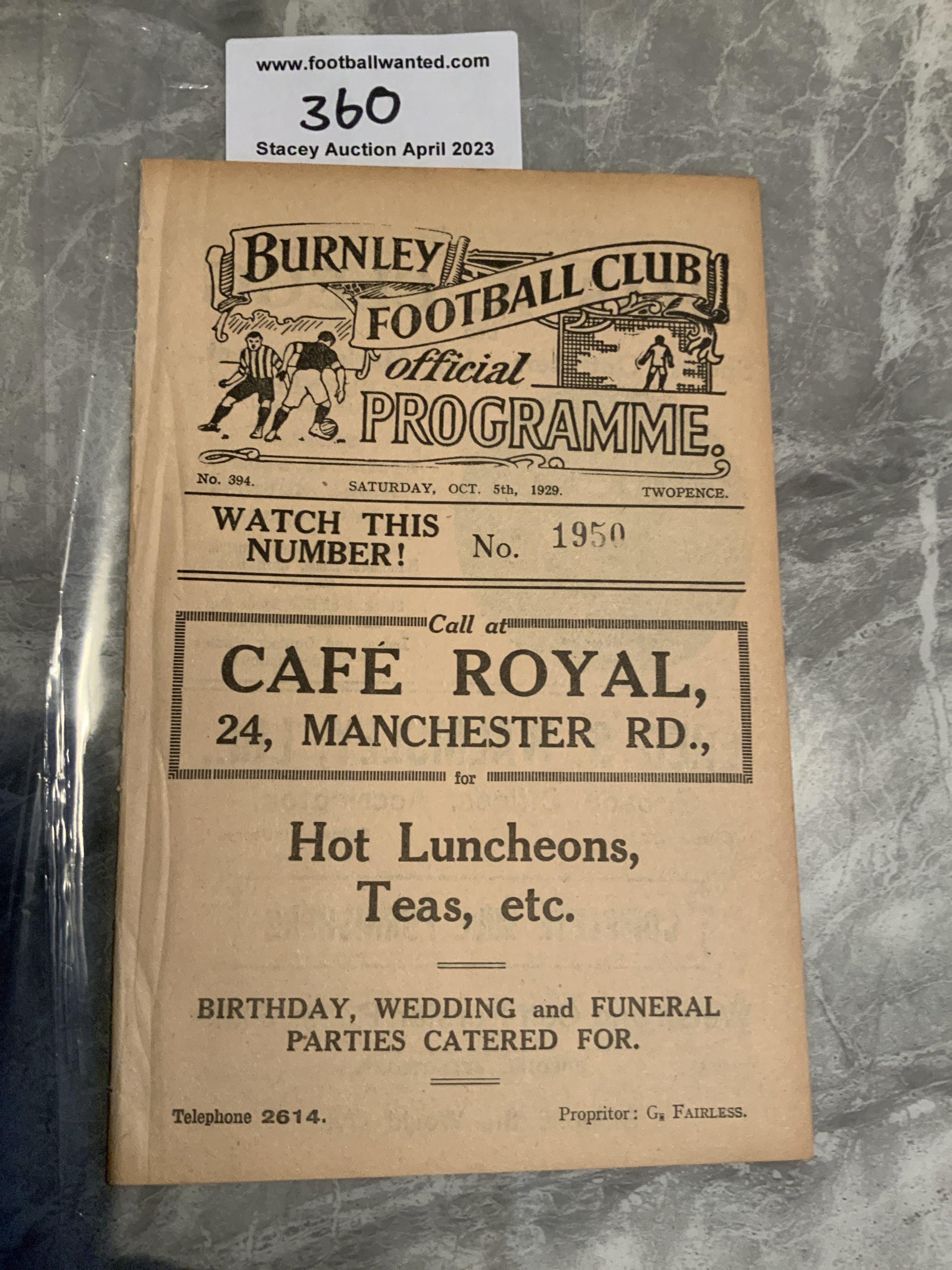 1929 - 1930 Burnley v Sheffield Wednesday Football Programme: Excellent condition with no team changes. Ex bound with covers. Sheffield Wednesday were champions this season.