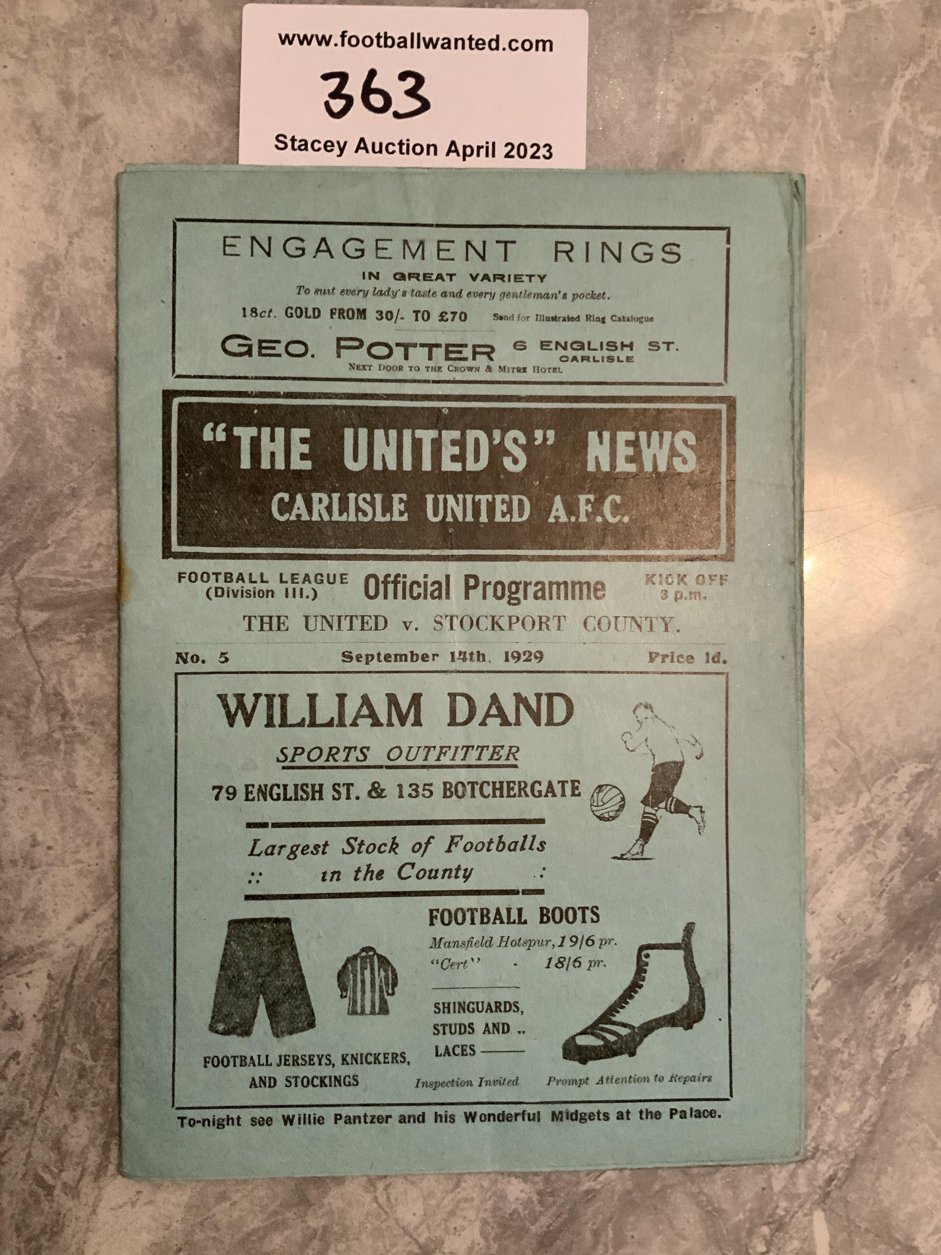 1929 - 1930 Carlisle United v Stockport County Football Programme: Good condition with no team changes. Slight fold and rusty staple holding firm.