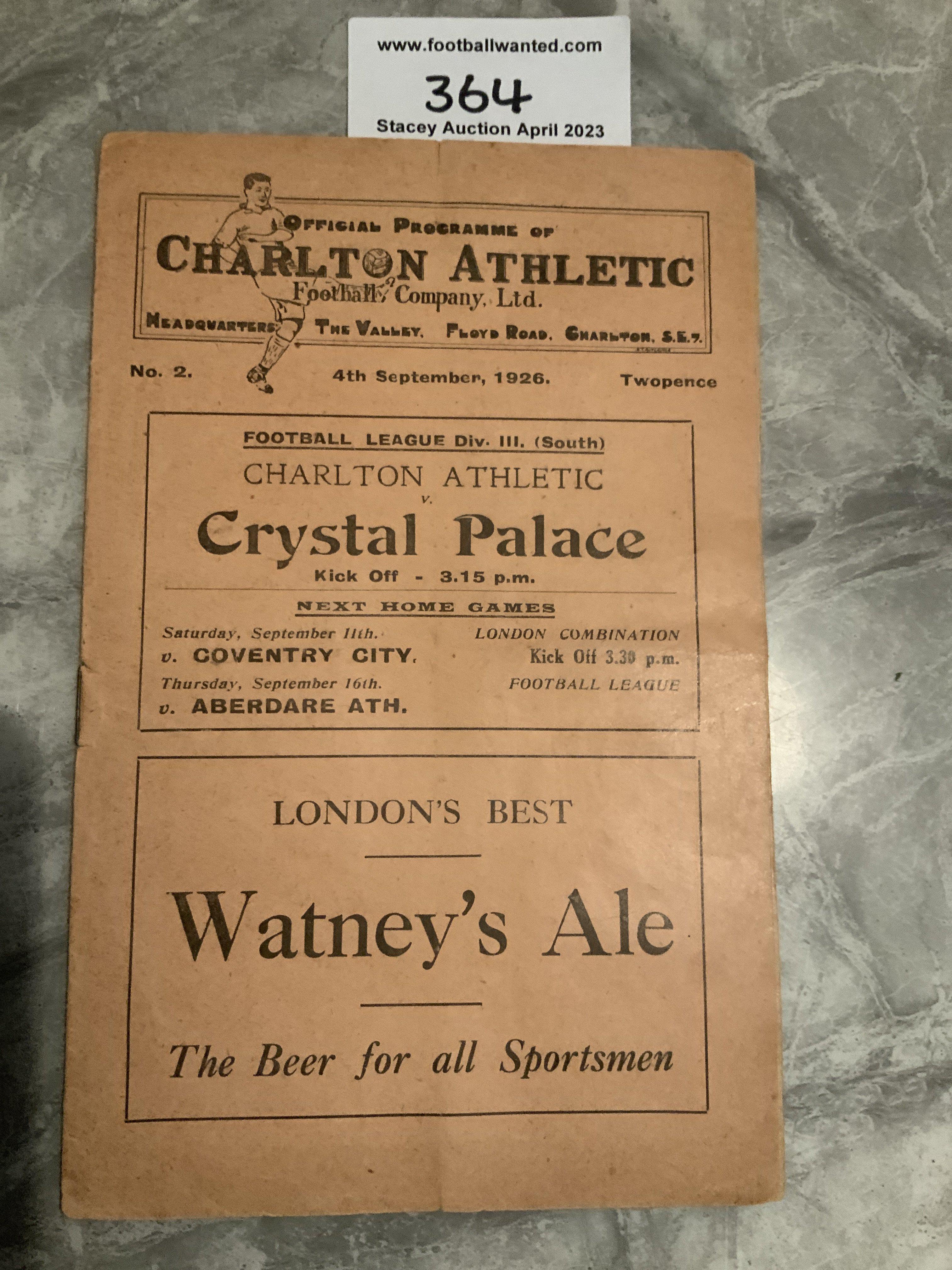 1926 - 1927 Charlton v Crystal Palace Football Programme: Good condition with no team changes. Wear and tears to back page and either end of spine repaired.