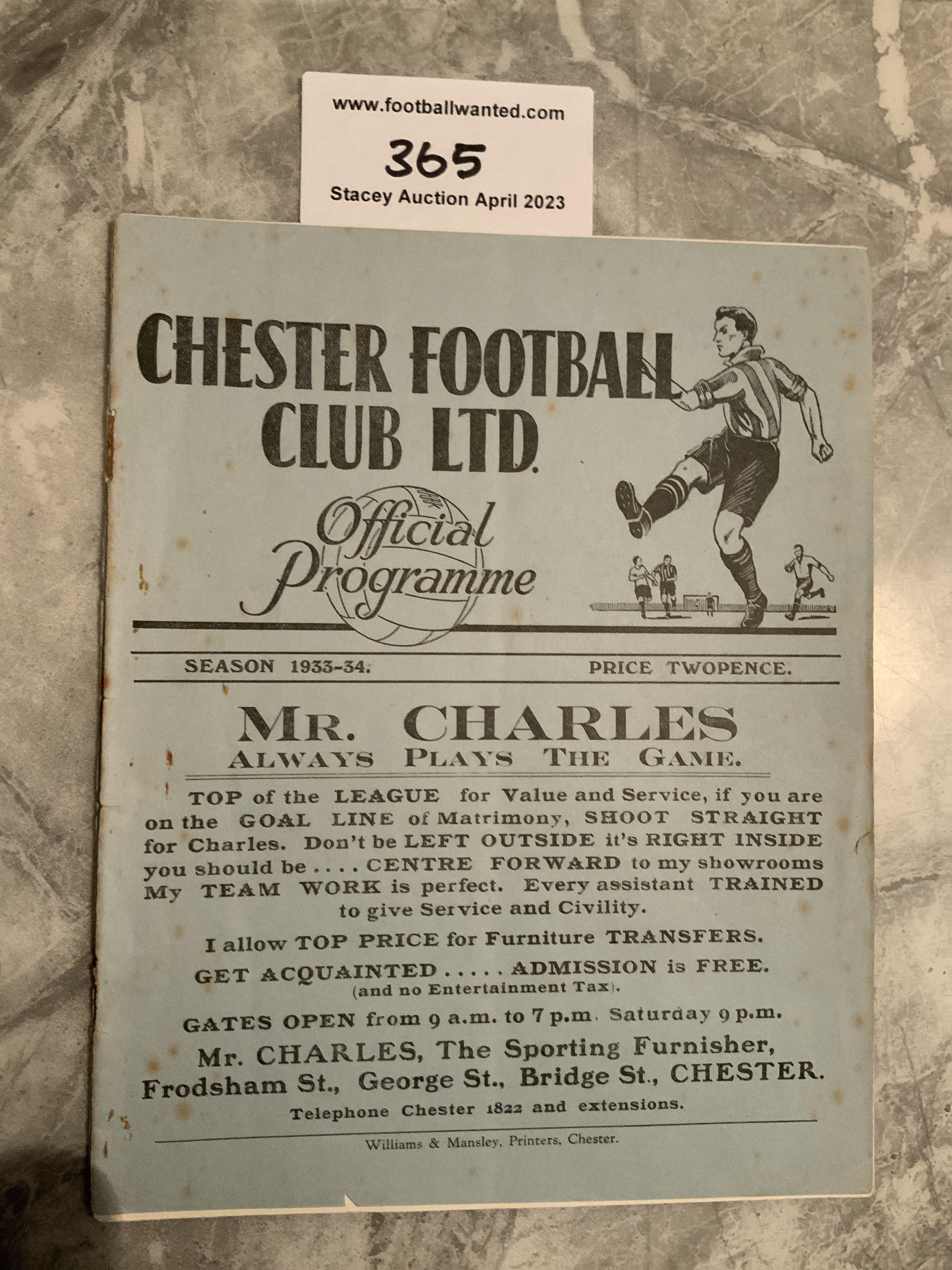 1933 - 1934 Chester v Halifax Town Football Programme: Fair/good condition with no team changes. Spine completely split.
