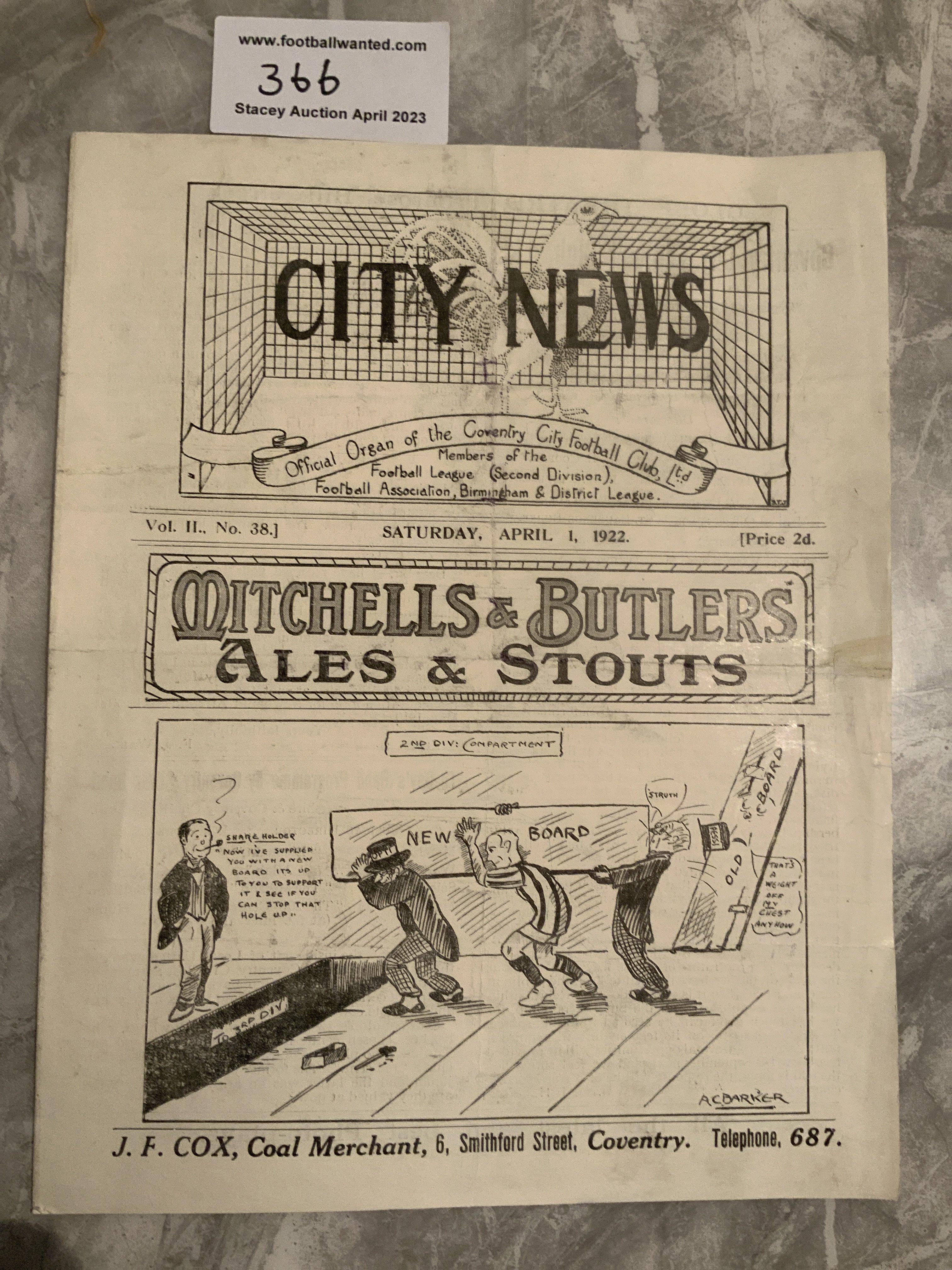 1921 - 1922 Coventry City v Hull City Football Programme: Very good condition after professional repair with no team changes. Fold. Large 4 pager which is rare to see.