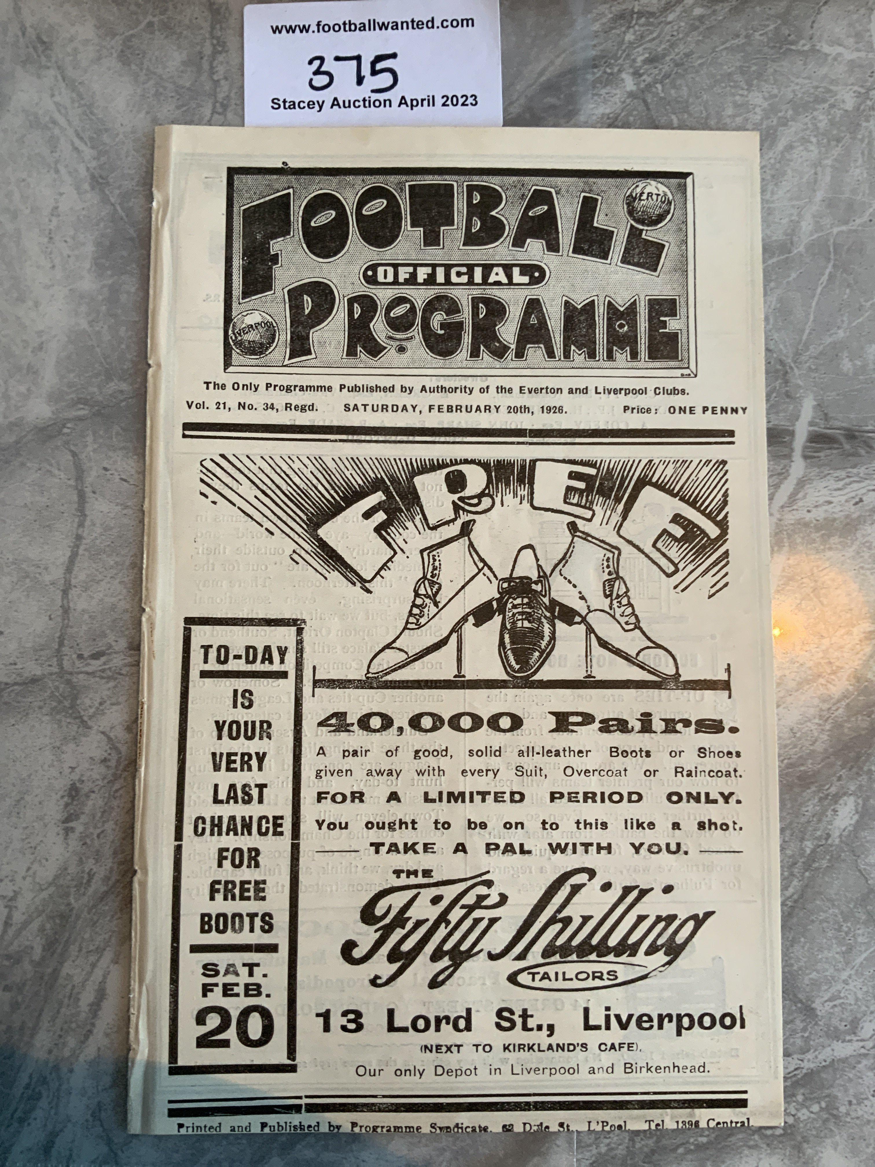 1925 1926 Everton v Preston Football Programme: Excellent condition ex bound with no team changes. Covers intact. Doubles up as Liverpool v Leeds reserves. (1)