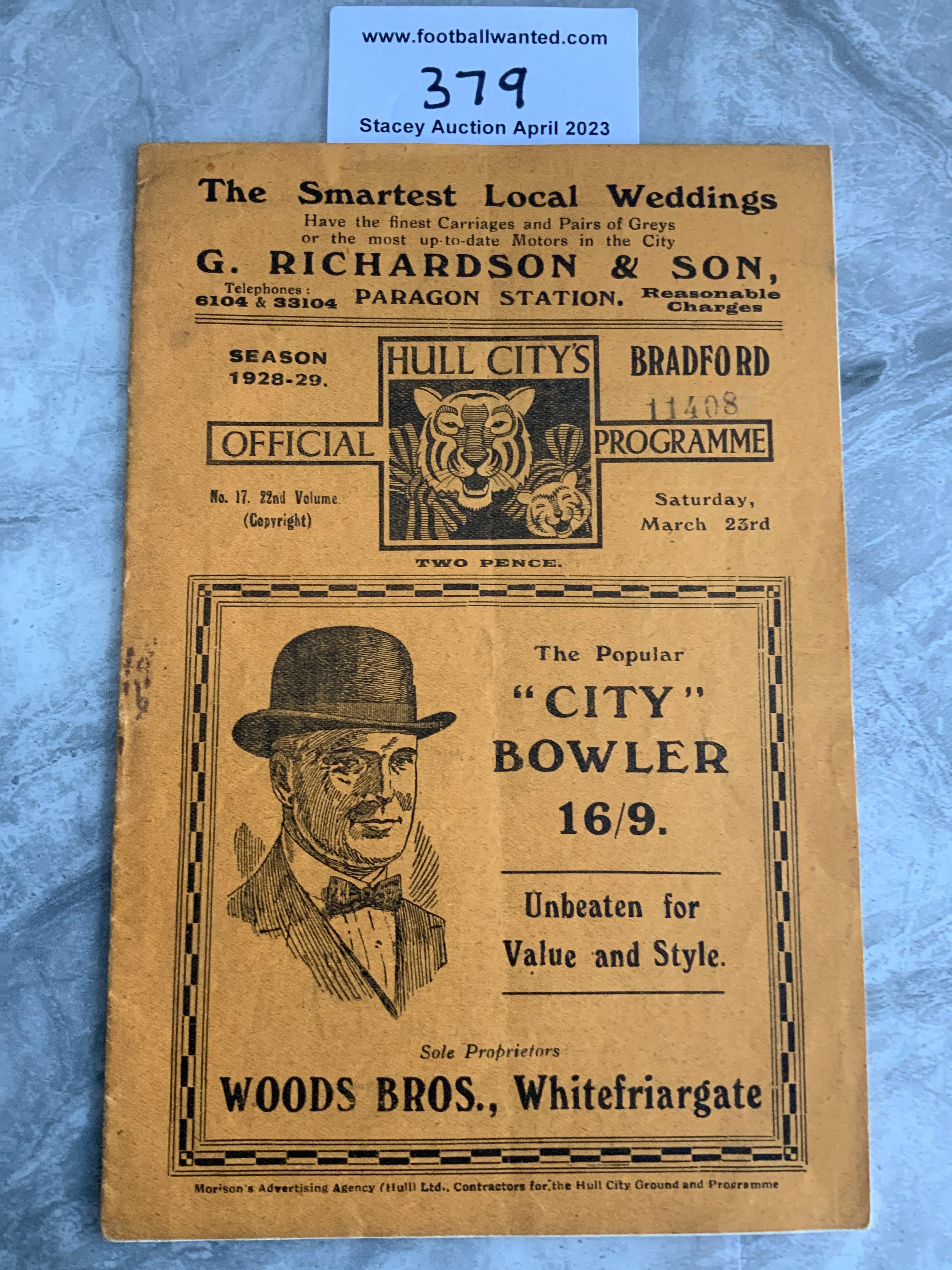 1928 - 1929 Hull City v Bradford Park Avenue Football Programme: Excellent condition with no team changes. Staple removed not rotted away.