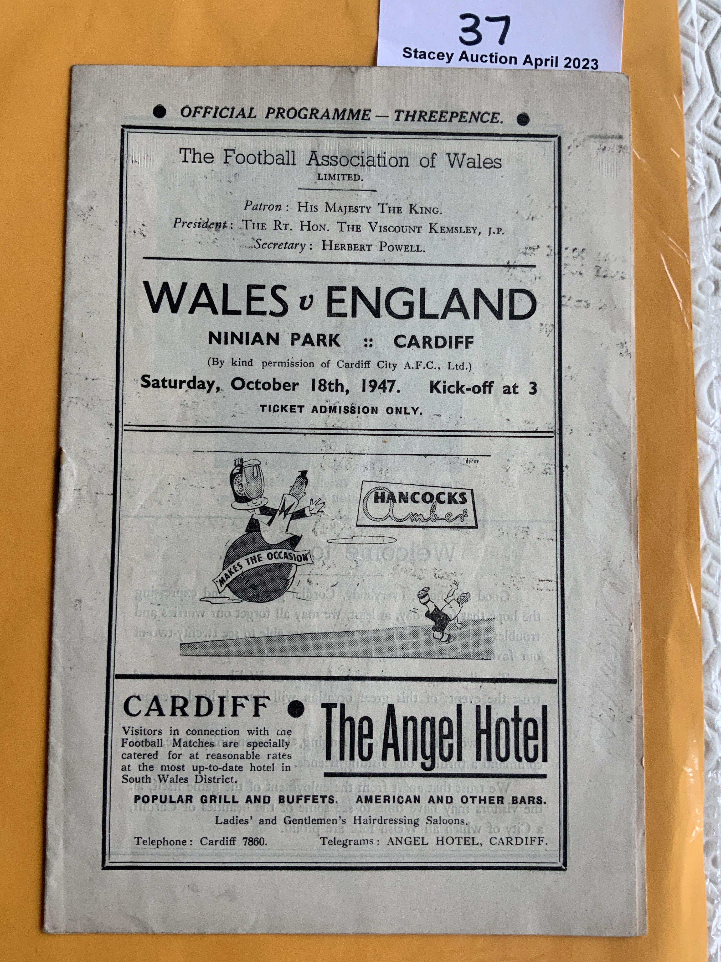 1947 Wales v England Signed Football Programme: Fully autographed by the England team to team page. All 11 have signed in biro. Team consisted of Swift, Hardwick, Scott, Wright, Franklin, Taylor, Finney, Mannion, Lawton, Mortensen and Matthews. Very good condition.