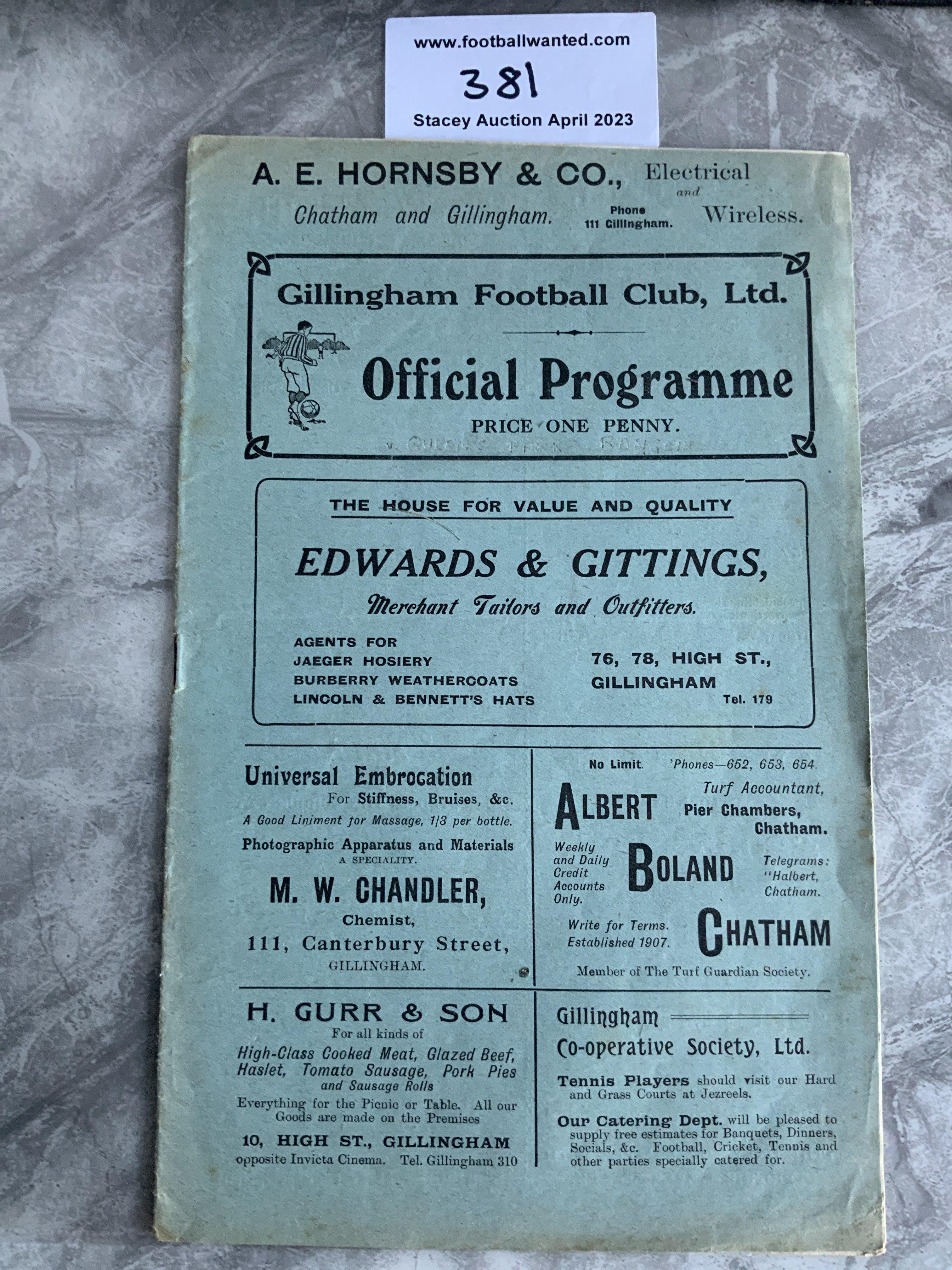 1925 - 1926 Gillingham v QPR Football Programme: Excellent condition with light team change and score inside.