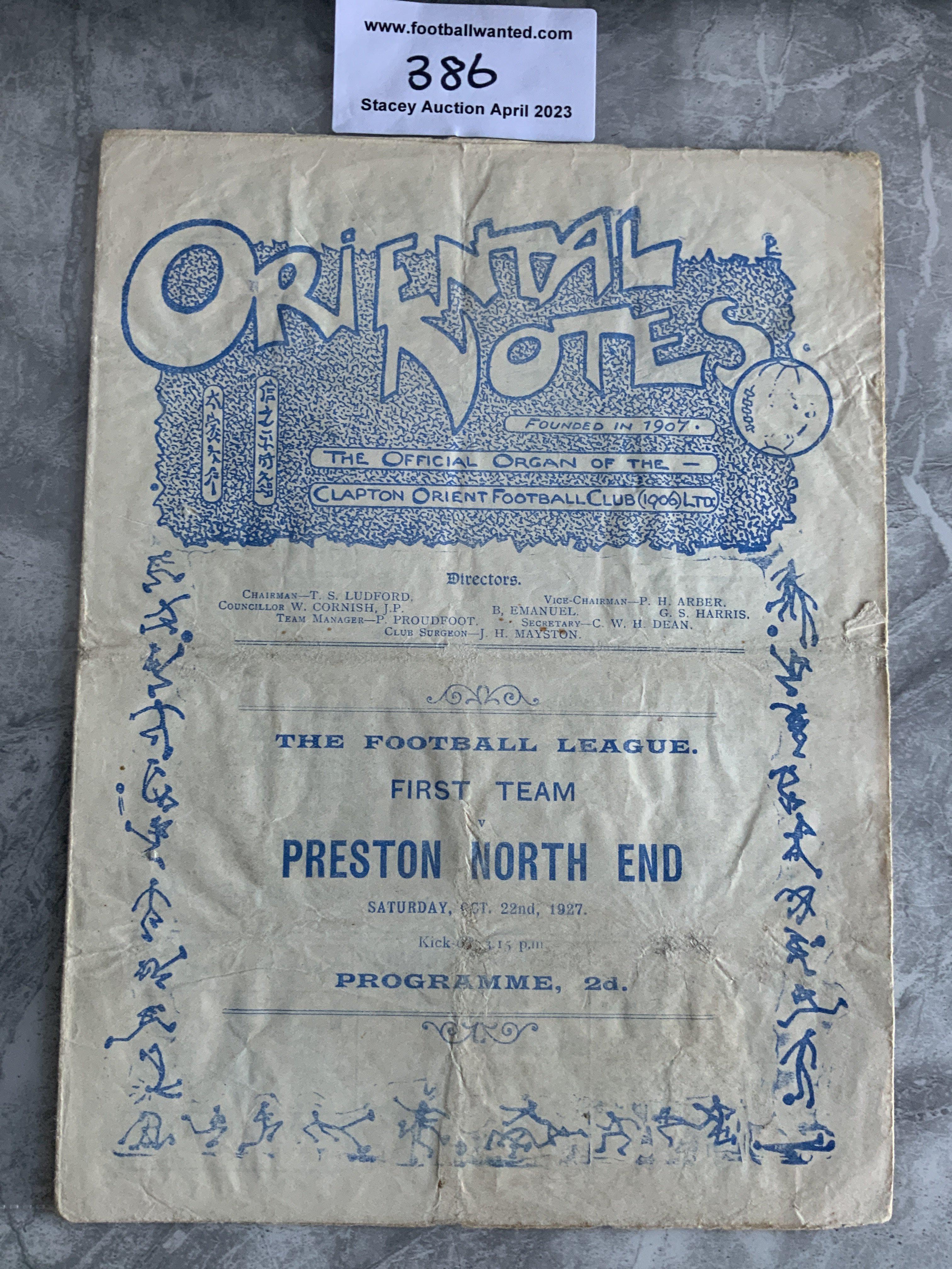 1927 - 1928 Leyton Orient v Preston Football Programme: Fair condition with no team changes. Tiny tear to fold and creasing.