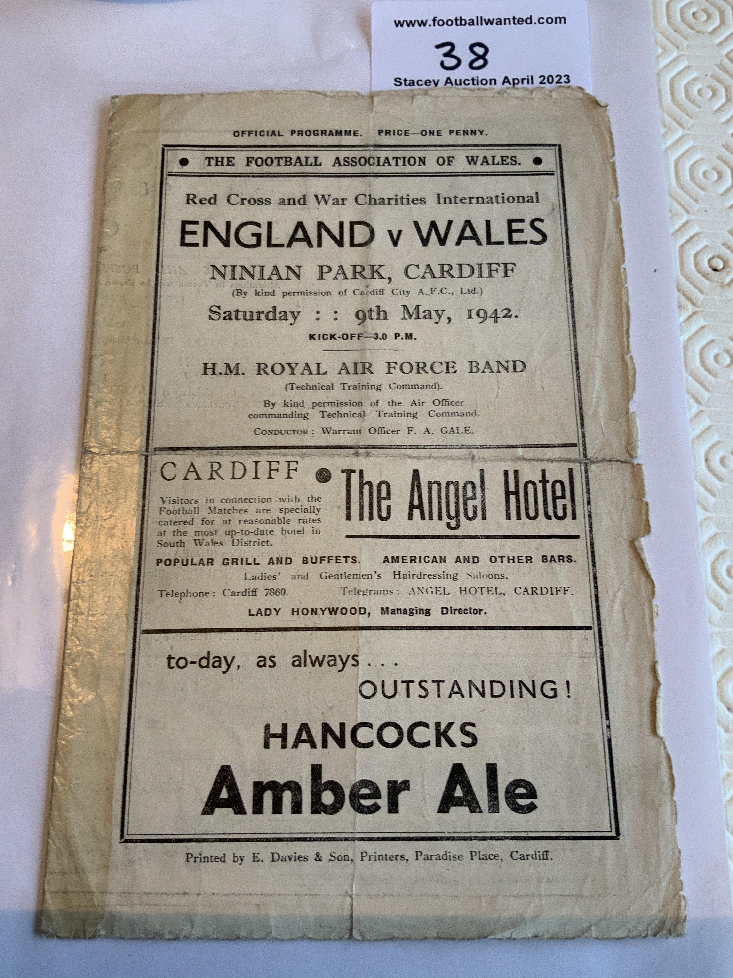 1942 Wales v England Football Programme: Edges tatty fold and tape. Pencilled team changes and four pager is complete. Played at Cardiff on 9 5 1942.