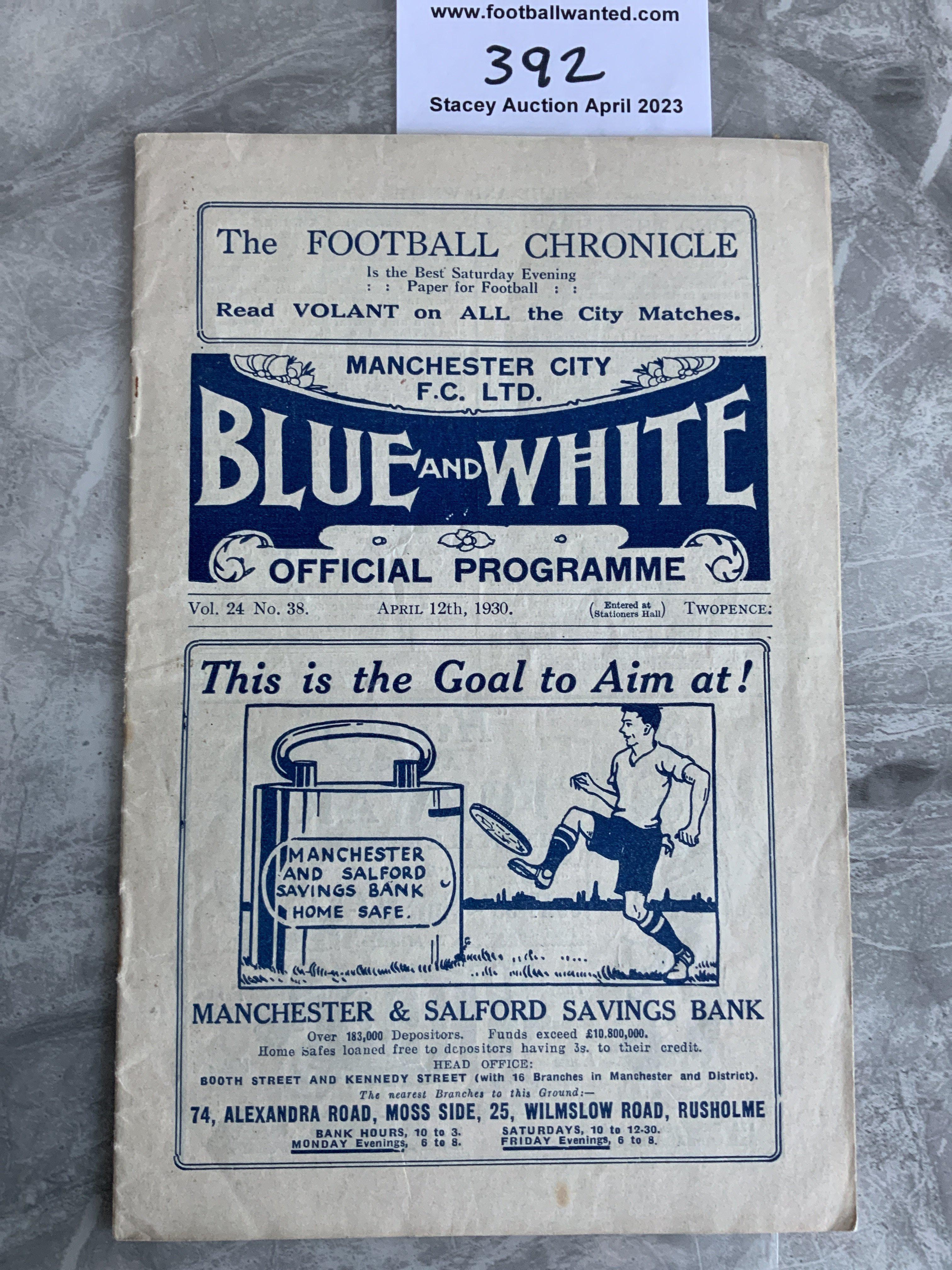 1929 - 1930 Manchester City v Birmingham City Football Programme: Excellent condition with no team changes. Staples removed not rotted away.