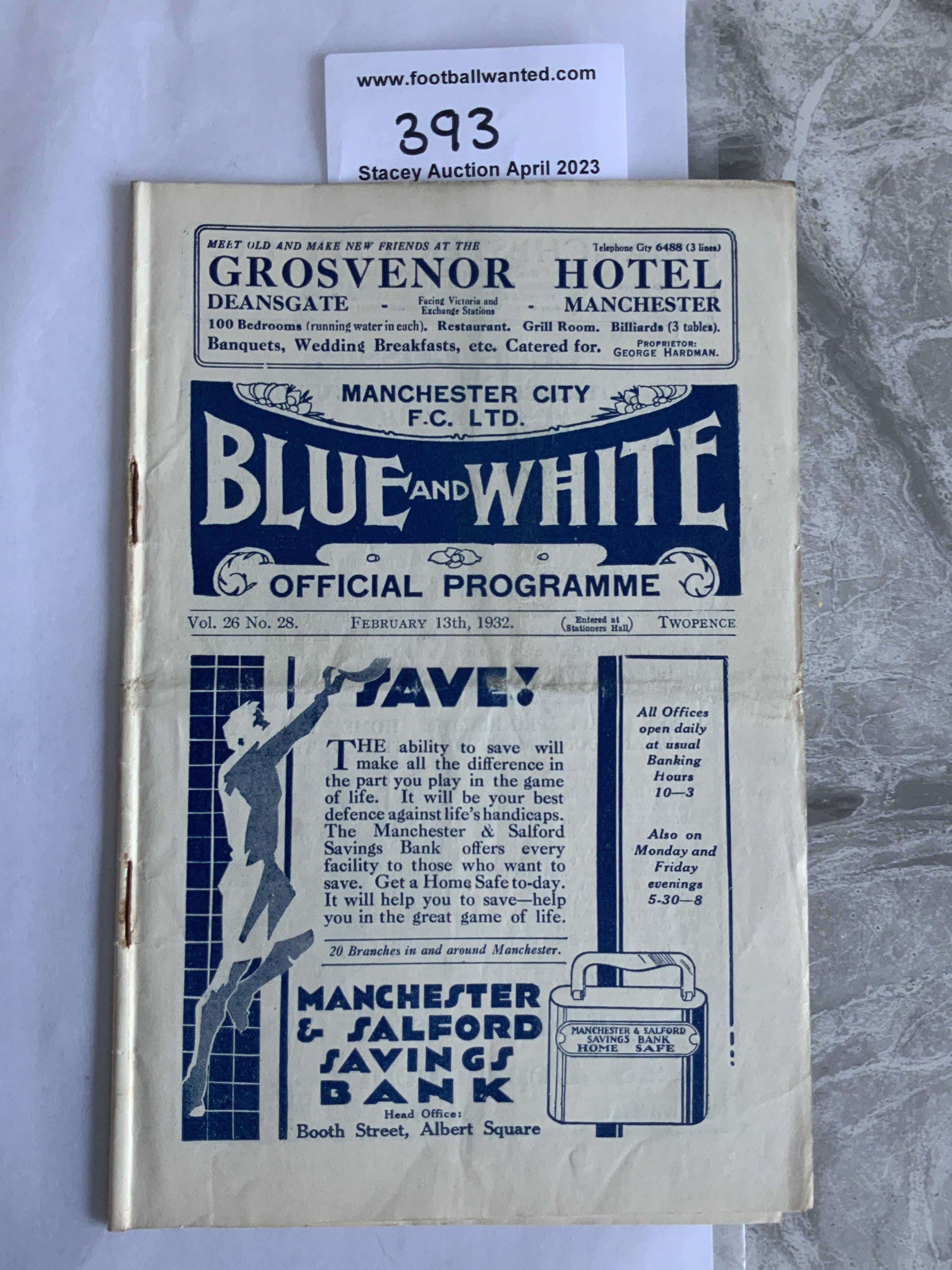 1931 - 1932 Manchester City v Derby County FA Cup Football Programme: Very good condition with pencilled team changes. Light fold.