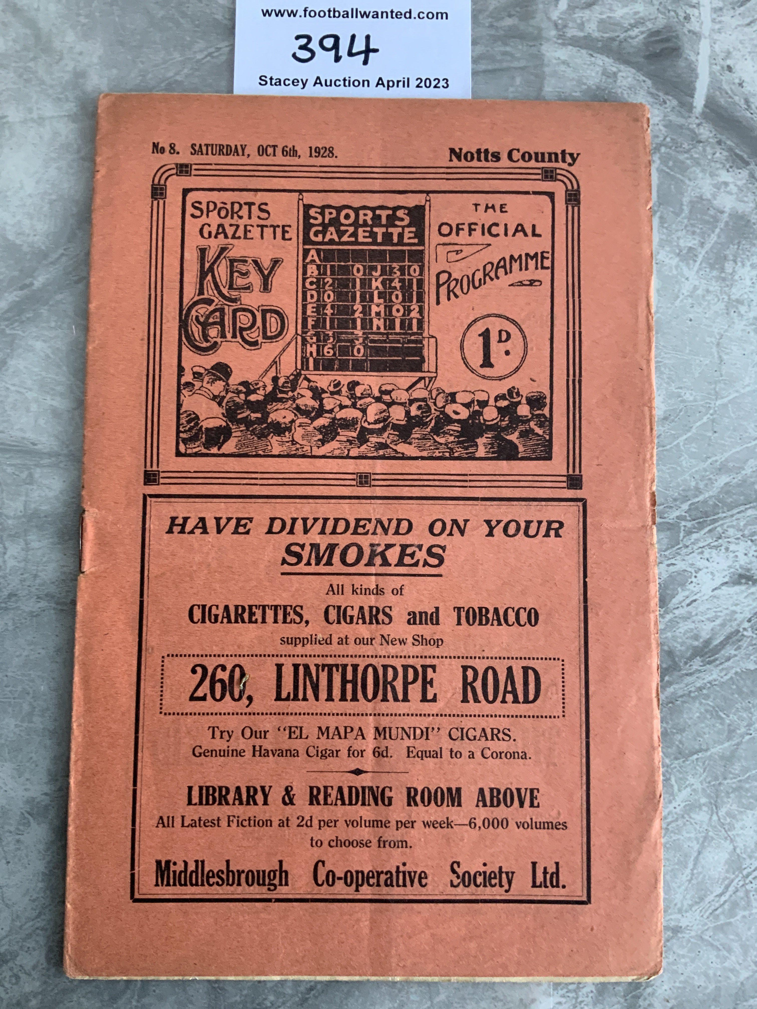 1928 - 1929 Middlesbrough v Notts County Football Programme: Excellent condition with no team changes. Score on team page inside.
