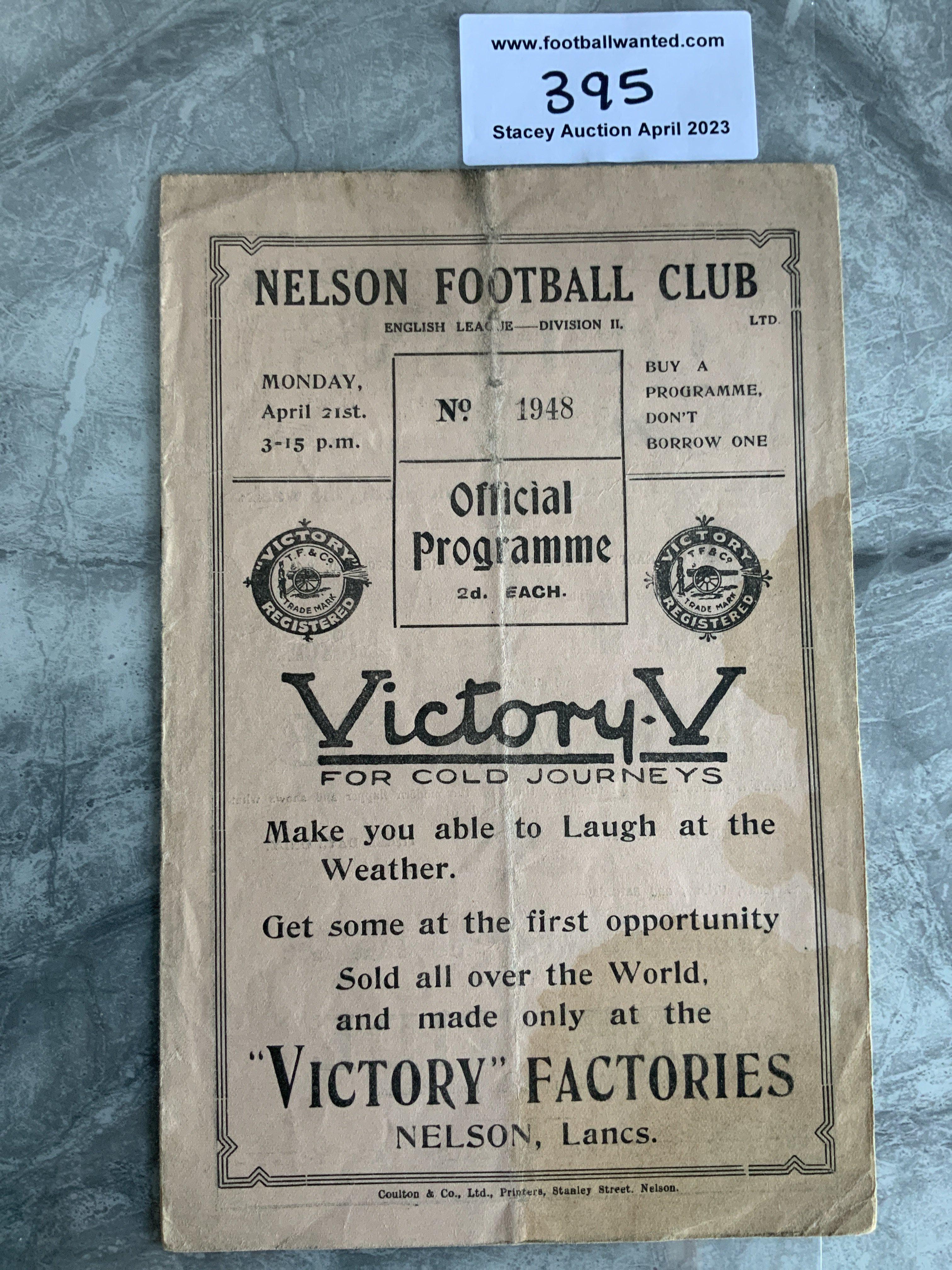 1923 - 1924 Nelson v Leicester City Football Programme: Fair condition with no team changes. Heavy fold. Stain throughout programme and small split on spine.